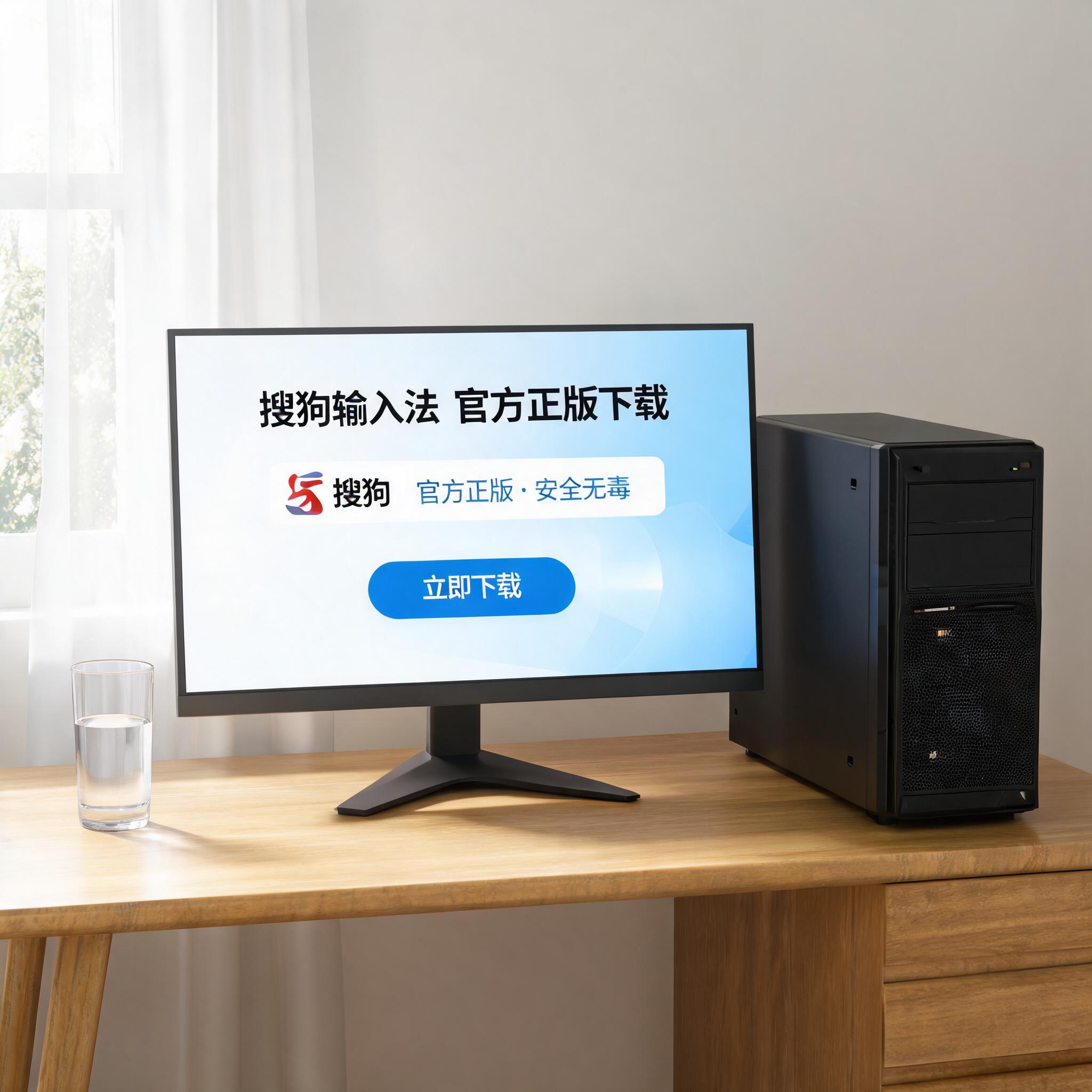 书桌上的主机，屏幕显示搜狗输入法官方正版下载设置界面，桌角放着水杯，自然光
