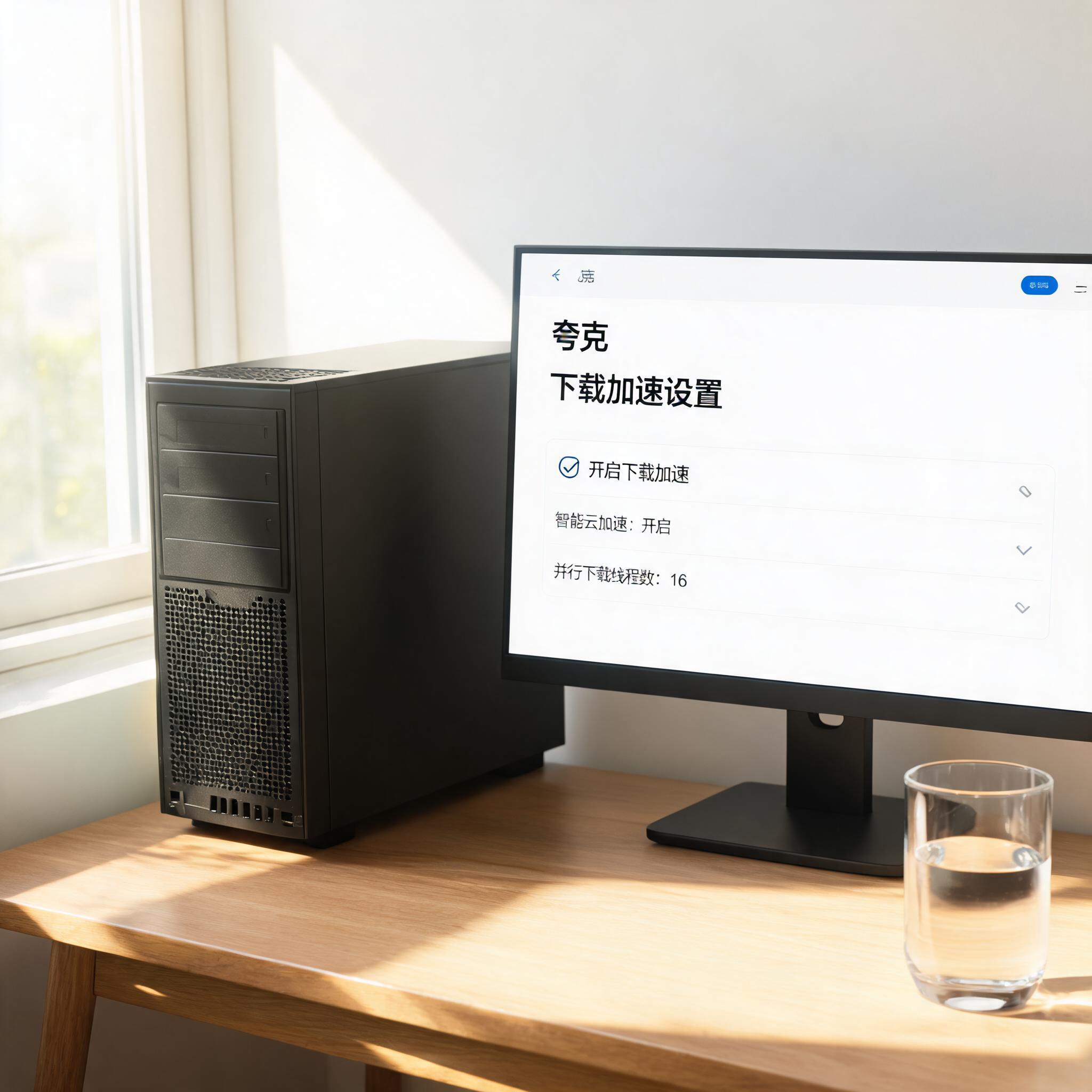 书桌上的主机，屏幕显示夸克浏览器文件下载加速设置界面，桌角放着水杯，自然光