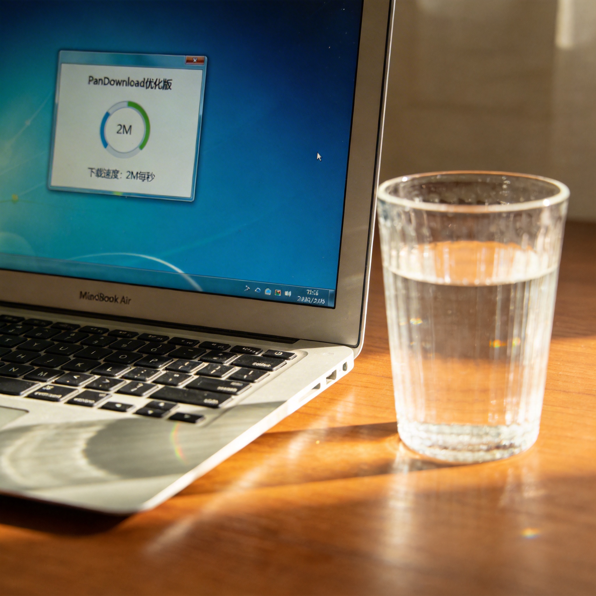 电脑桌的Windows系统电脑，屏幕显示PanDownload优化版界面，界面显示下载速度2M每秒，旁边放着半透明水杯，室内自然光