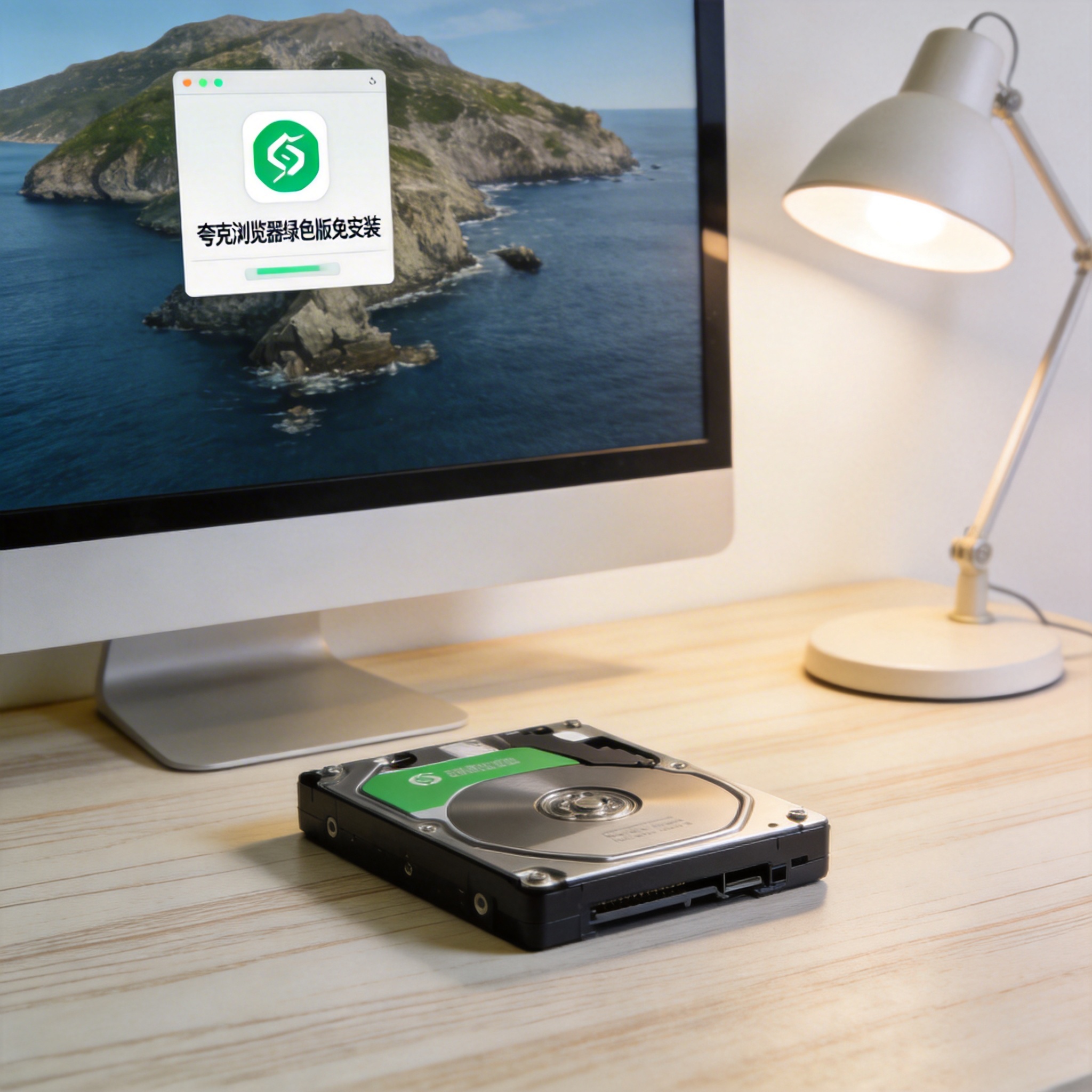 电脑桌上的硬盘，屏幕显示夸克浏览器绿色版免安装界面，旁边放着台灯