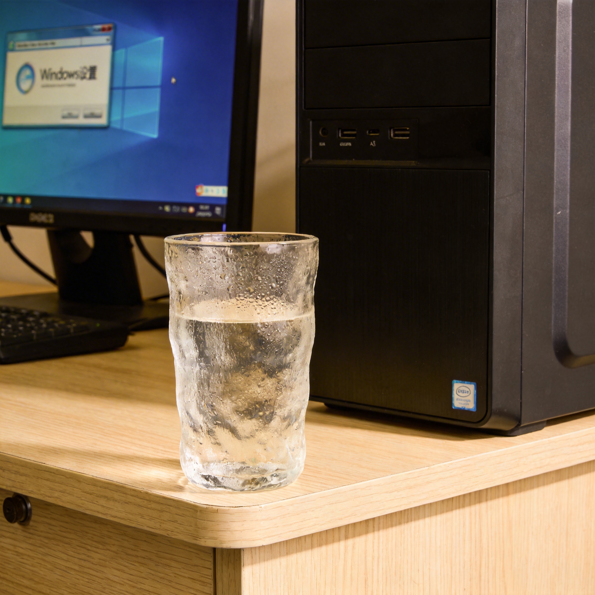 书桌上的主机，屏幕显示Windows设置界面，桌角放着水杯，自然光