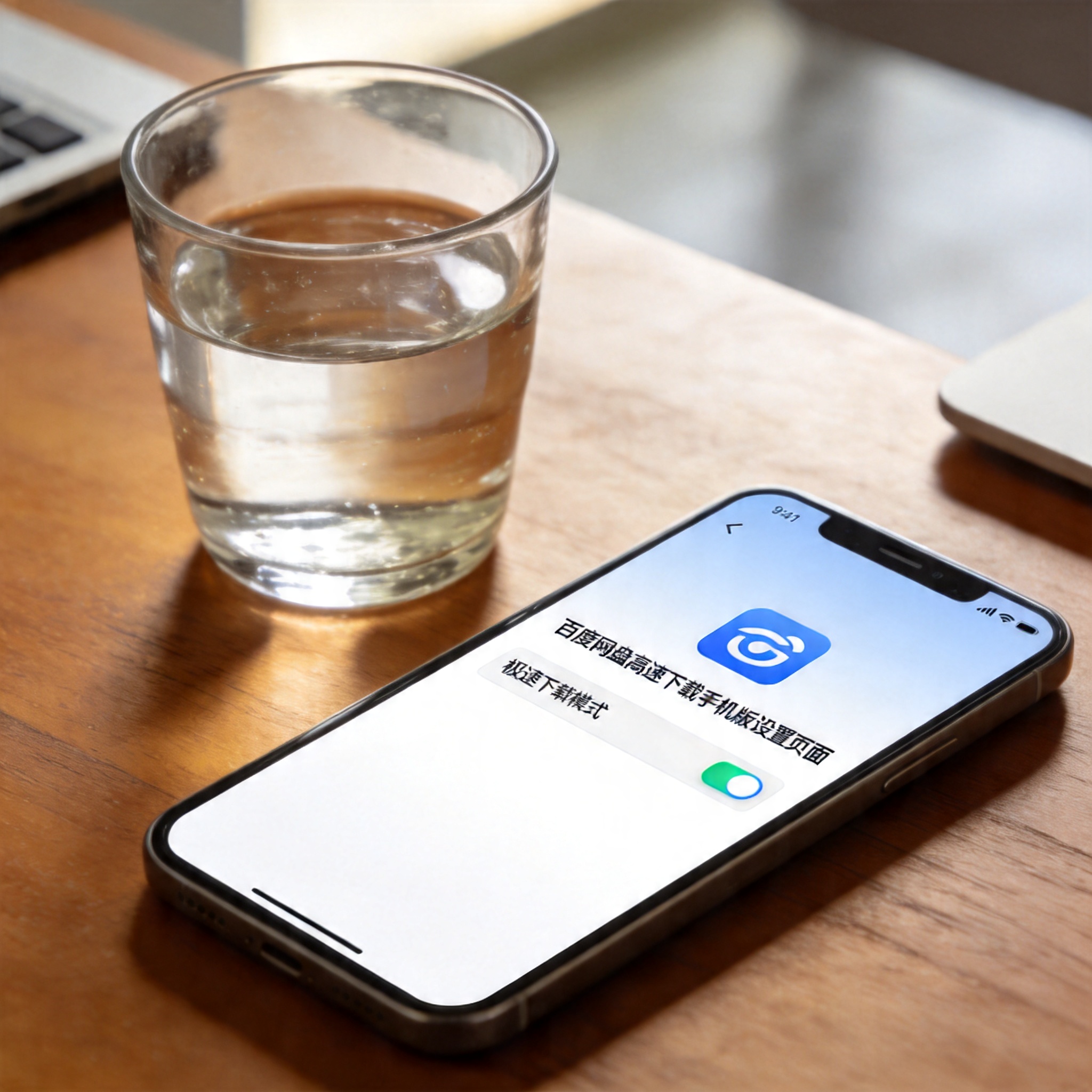 办公桌上的手机，屏幕显示百度网盘高速下载手机版设置页面，极速下载模式开关呈开启状态，旁边放着半杯温水，室内自然光