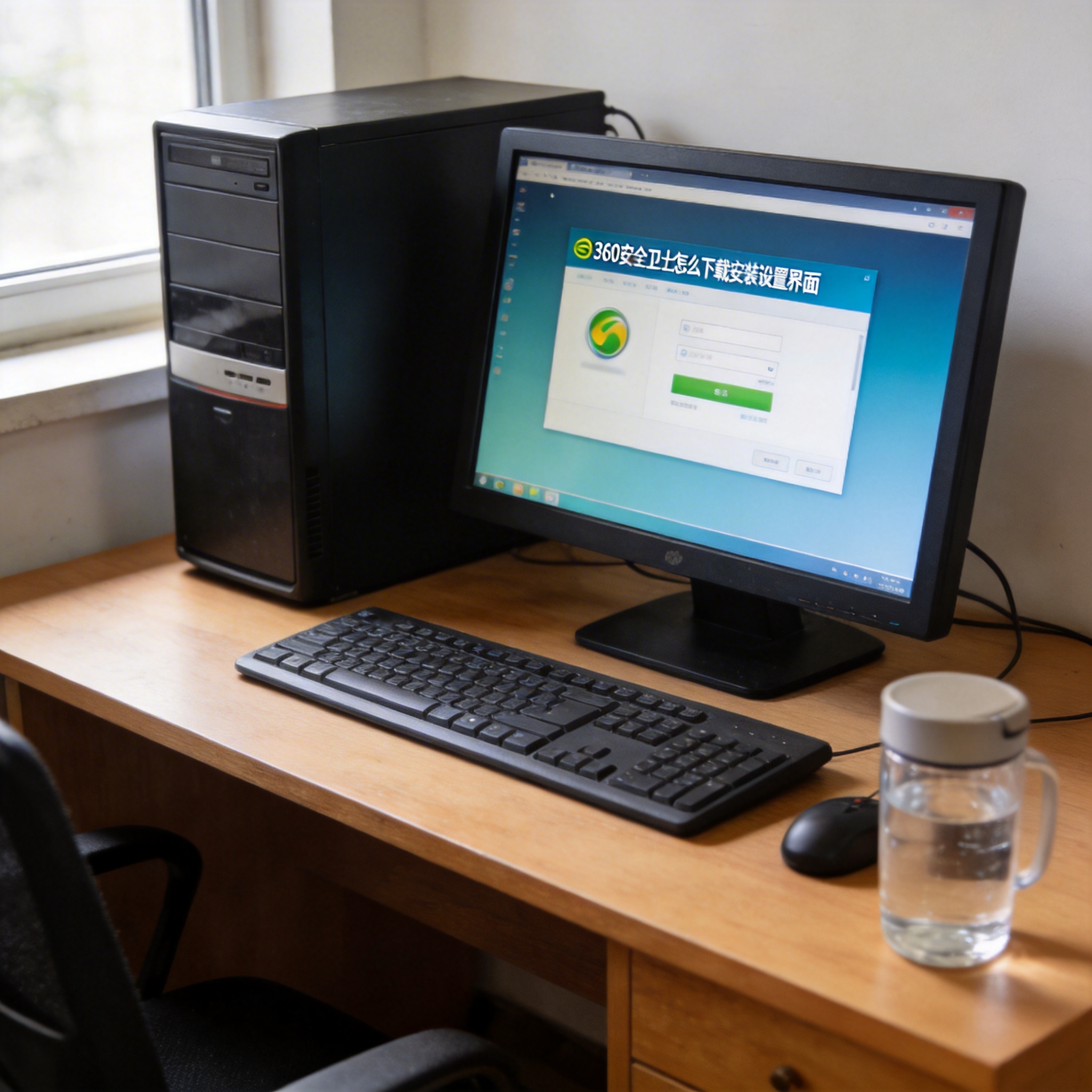 书桌上的主机，屏幕显示360 安全卫士怎么下载安装设置界面，桌角放着水杯，自然光