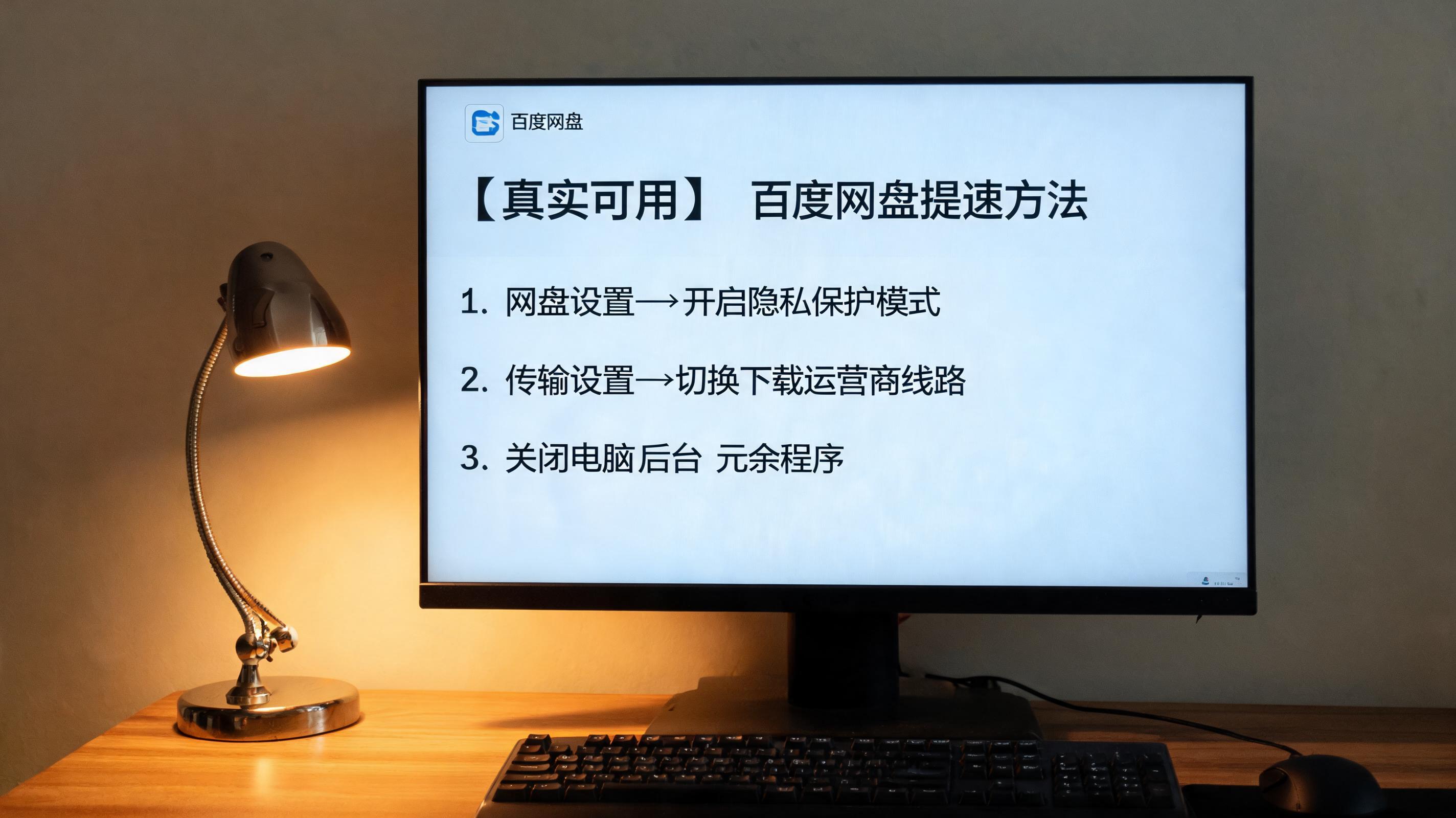 电脑桌上的电脑，屏幕显示百度网盘提速方法真实可用界面，旁边放着台灯
