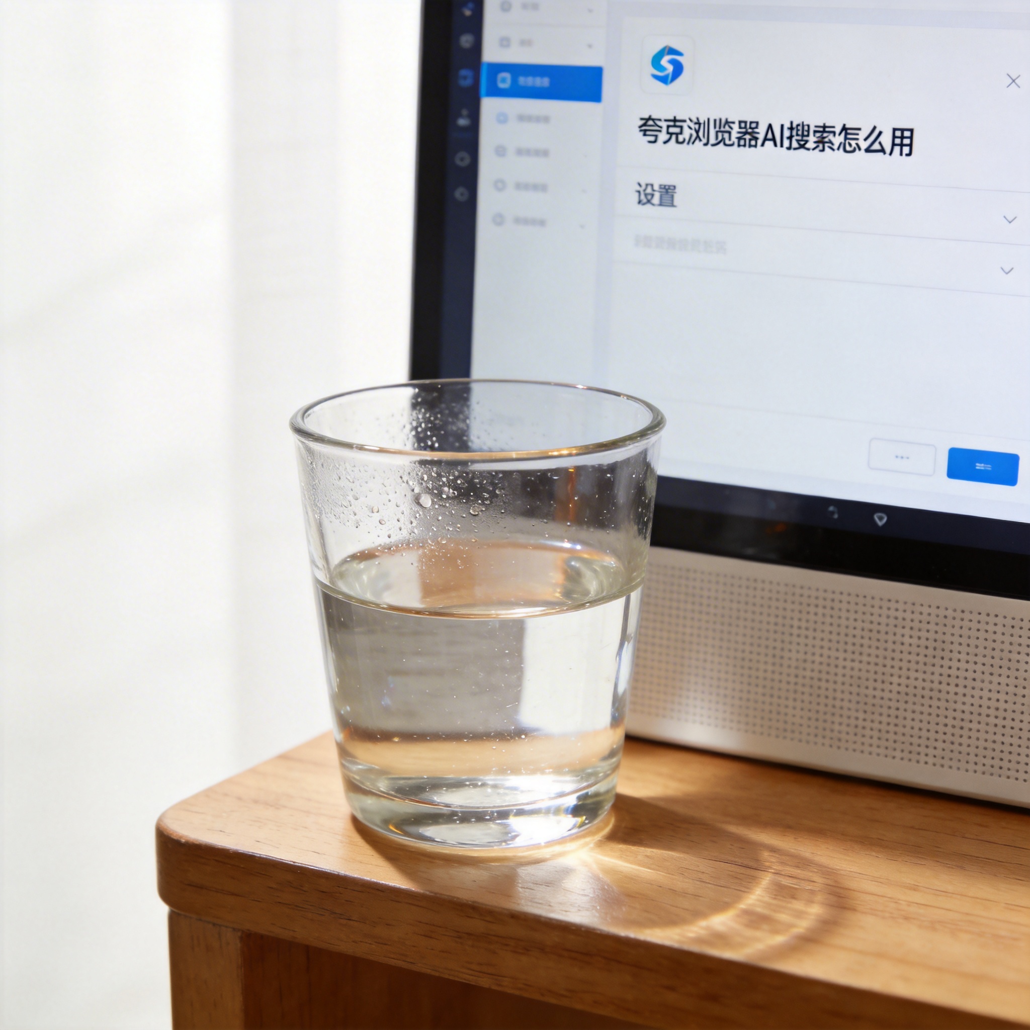 书桌上的主机，屏幕显示夸克浏览器 AI 搜索怎么用设置界面，桌角放着水杯，自然光