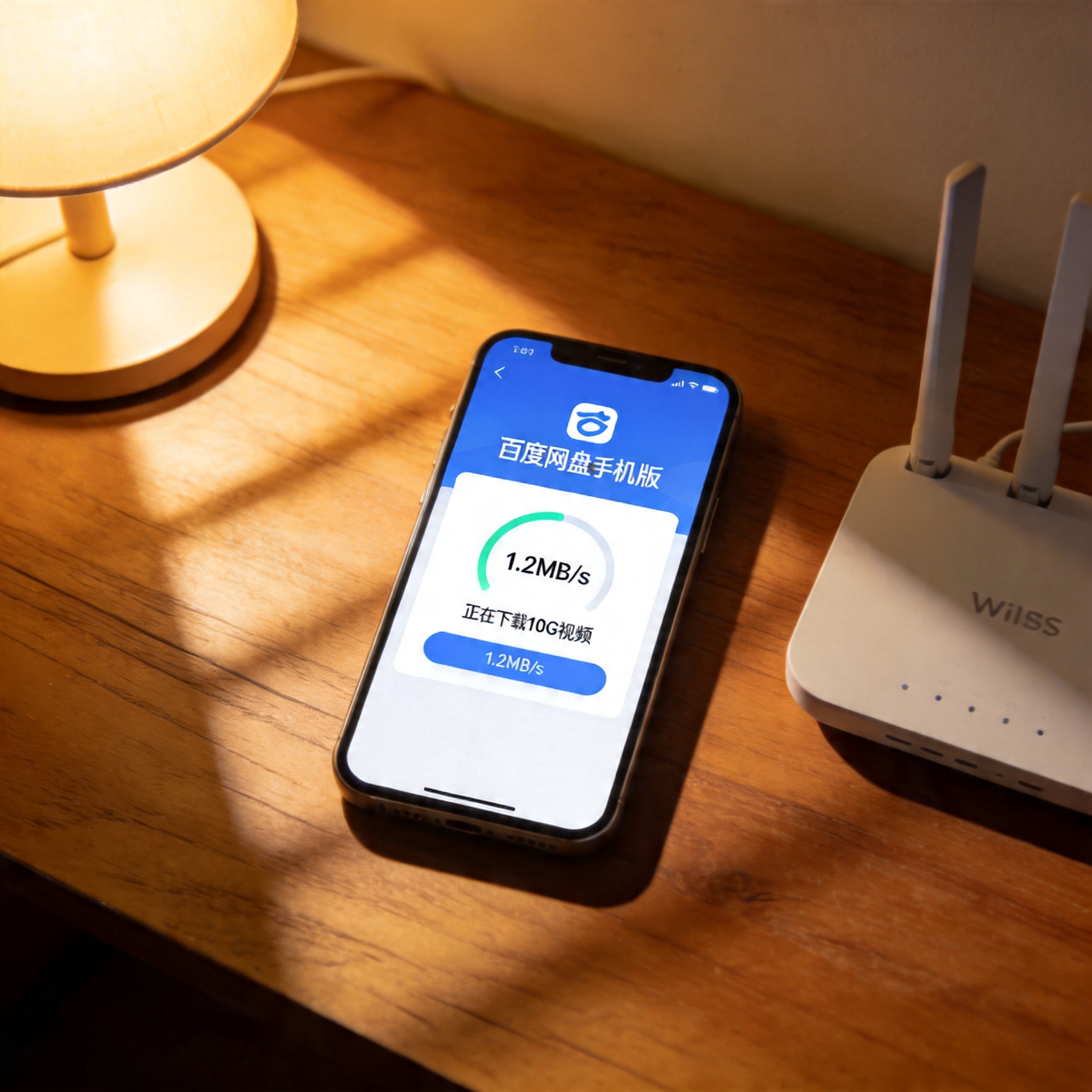 桌面的手机屏幕显示百度网盘手机版下载界面，正在下载10G视频，速度显示1.2MB/s，手机旁放着WiFi路由器，台灯暖光