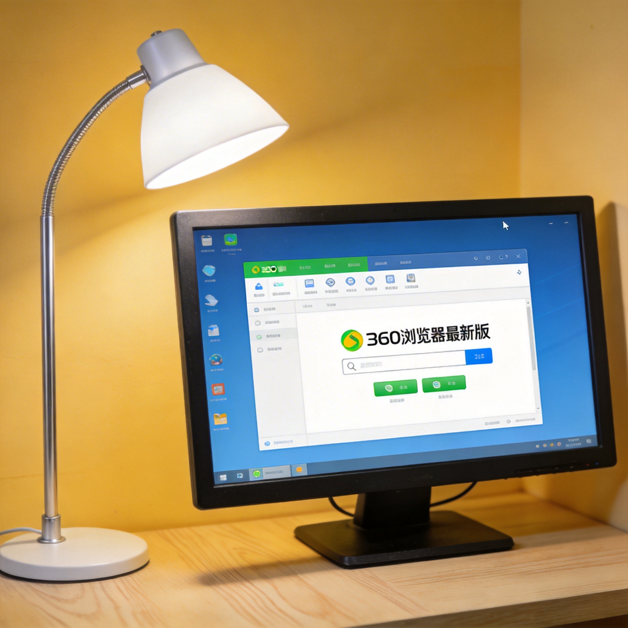 电脑桌上的电脑，屏幕显示360 浏览器最新版界面，旁边放着台灯