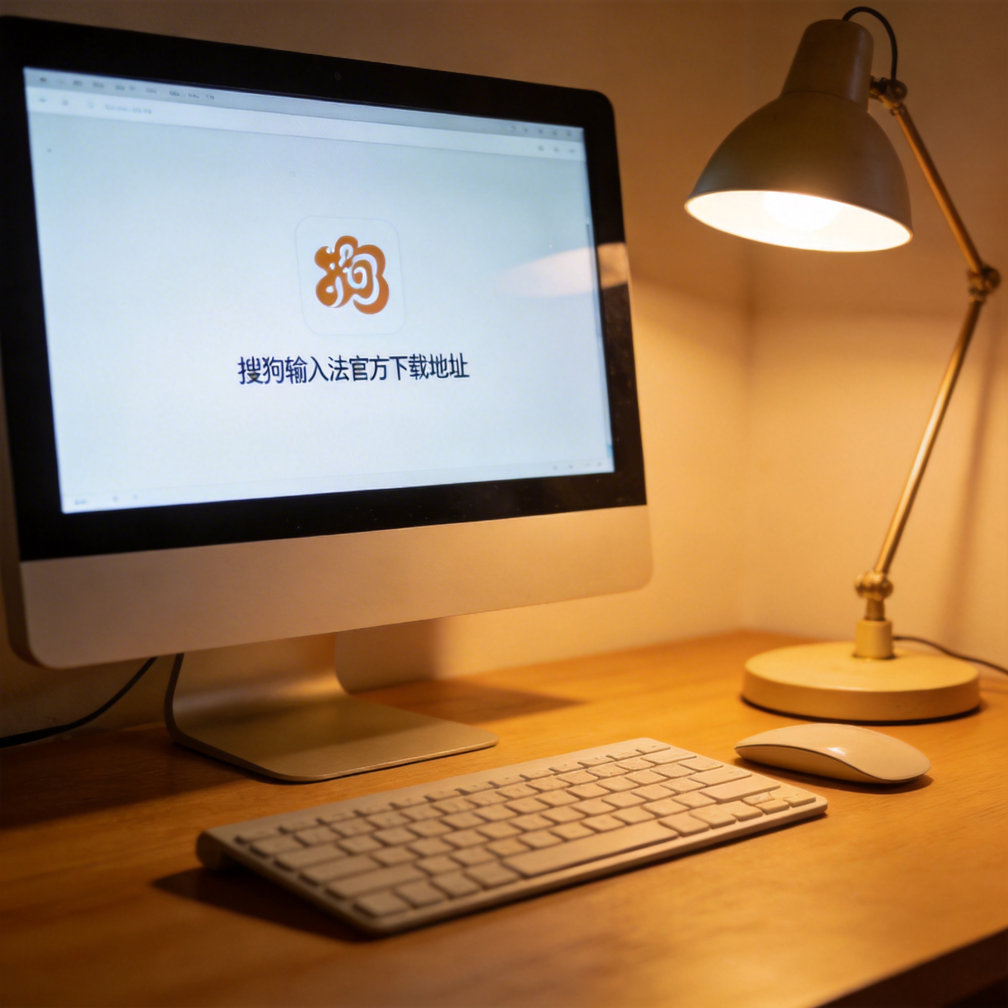 电脑桌上的电脑，屏幕显示搜狗输入法官方下载地址桌面，旁边放着台灯