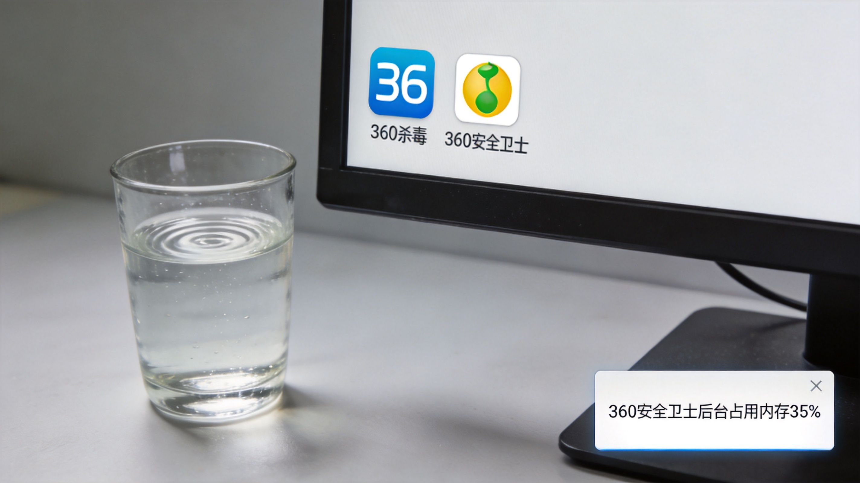 电脑桌面显示360杀毒和360安全卫士图标，屏幕右下角弹出后台占用提示，旁边放着半杯温水，室内自然光