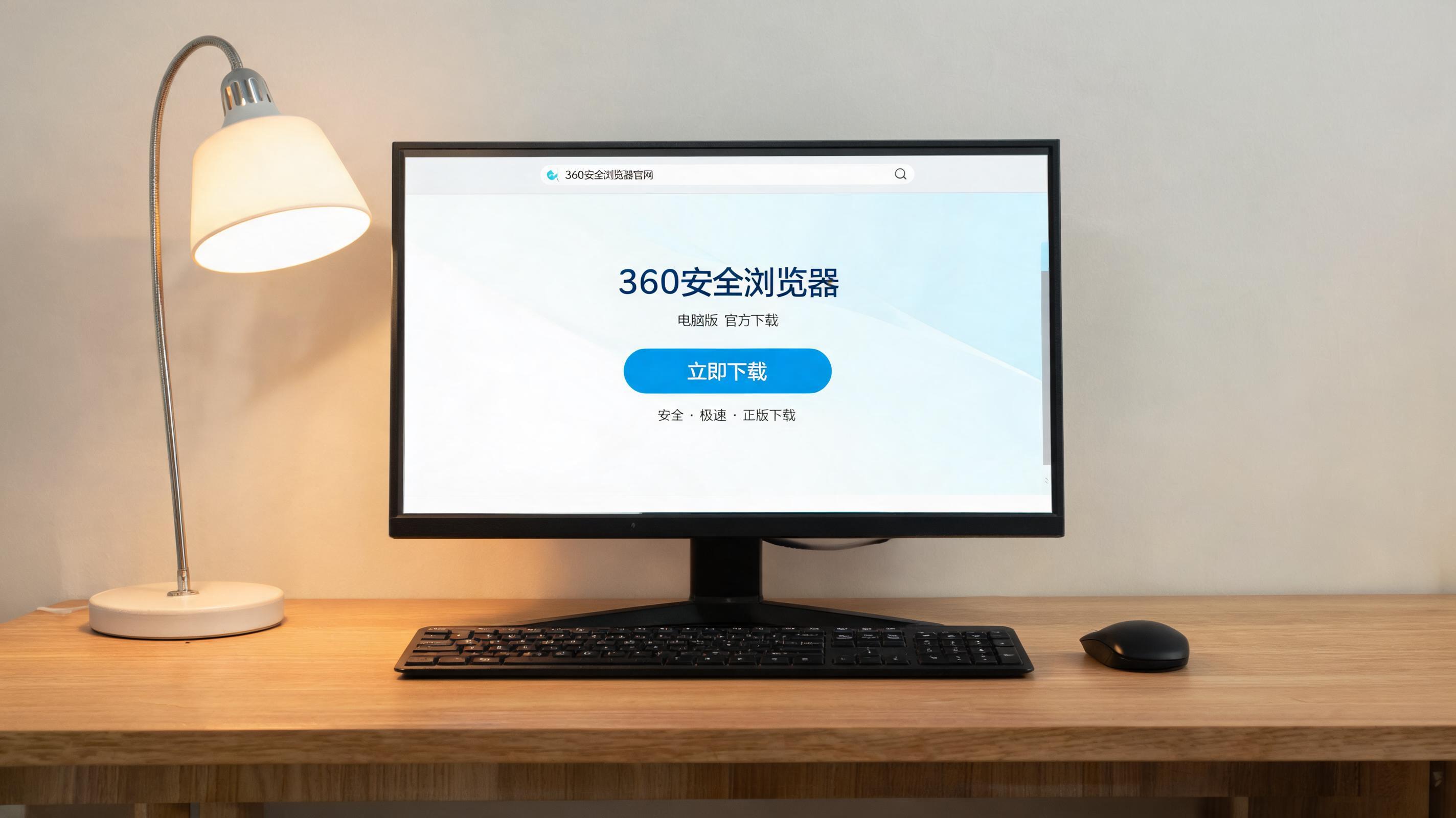 电脑桌上的电脑，屏幕显示360 安全浏览器电脑版下载界面，旁边放着台灯