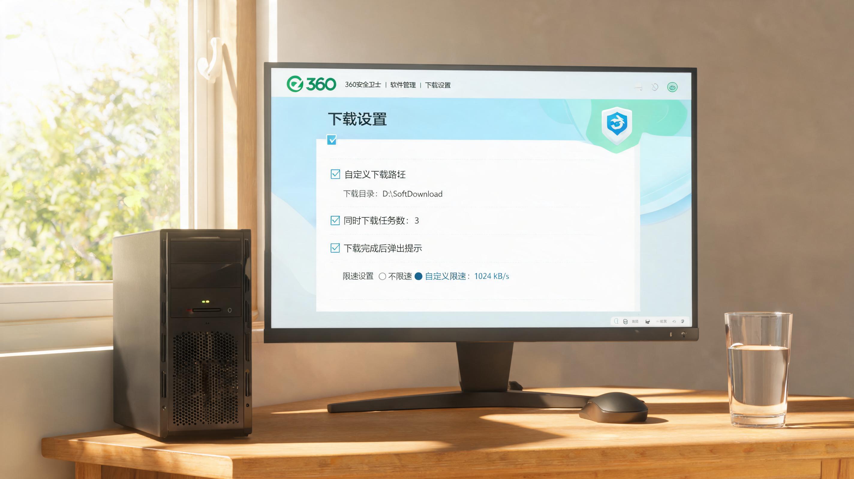 书桌上的主机，屏幕显示360 卫士软件管理下载设置界面，桌角放着水杯，自然光