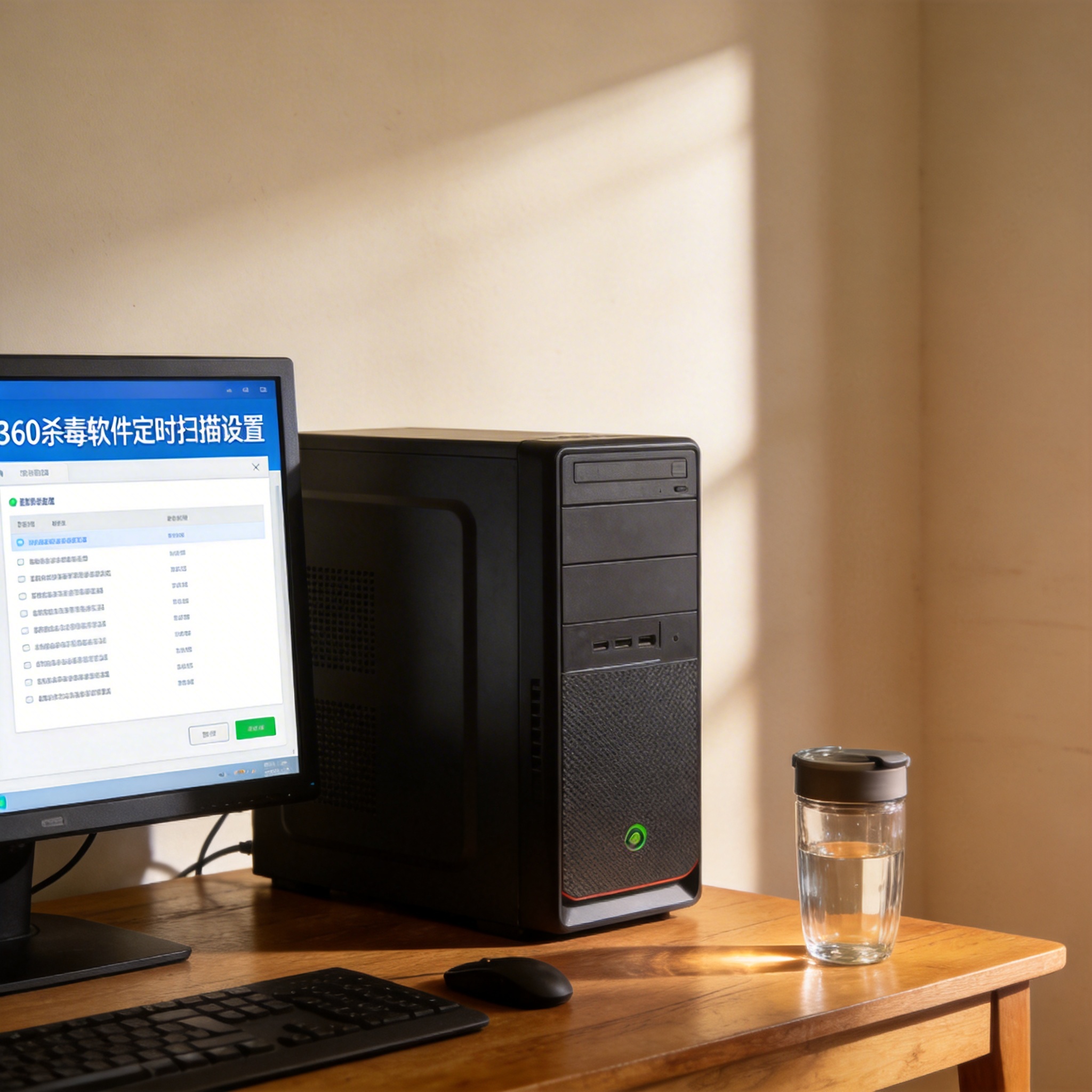 书桌上的主机，屏幕显示360 杀毒软件定时扫描设置设置界面，桌角放着水杯，自然光