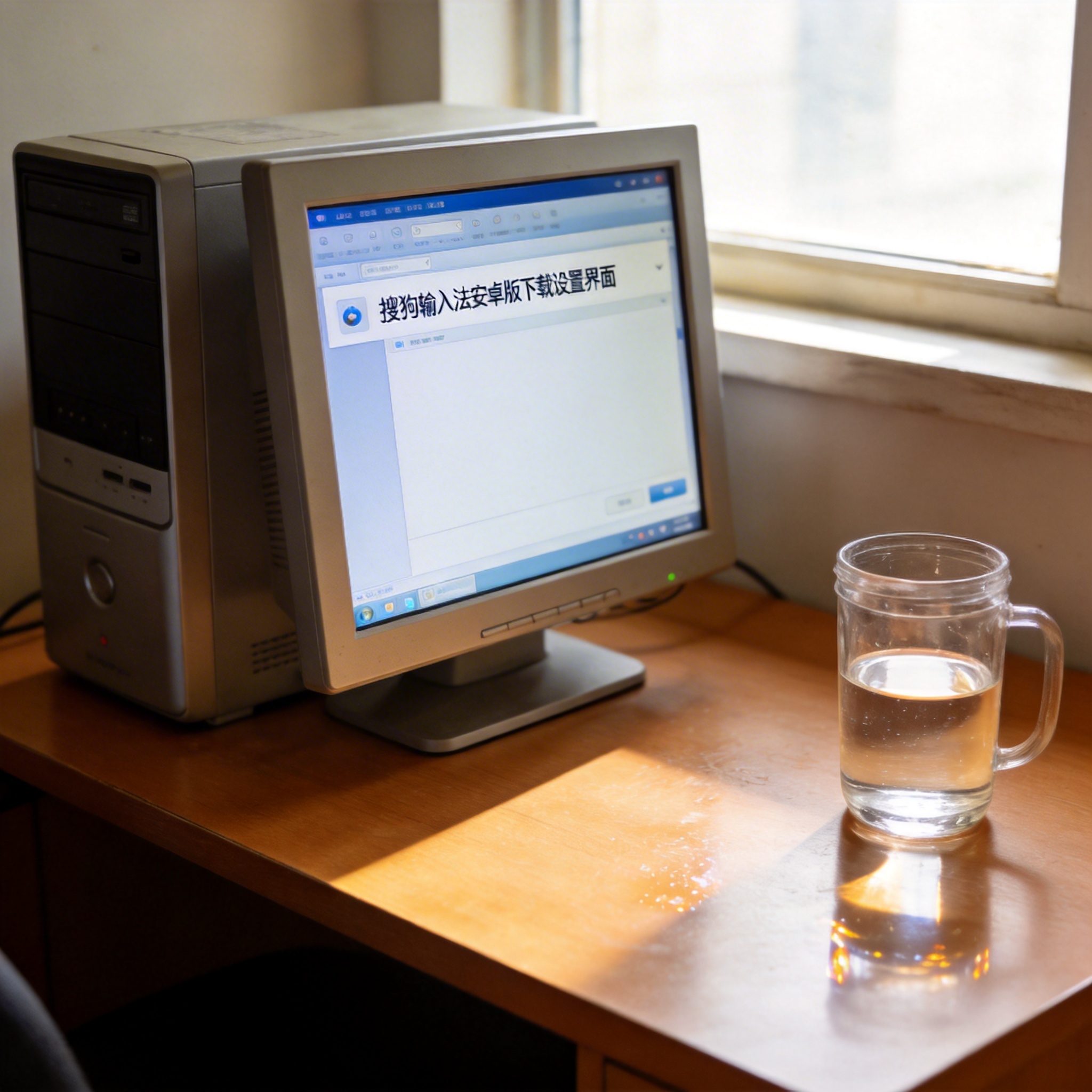 书桌上的主机，屏幕显示搜狗输入法安卓版下载设置界面，桌角放着水杯，自然光
