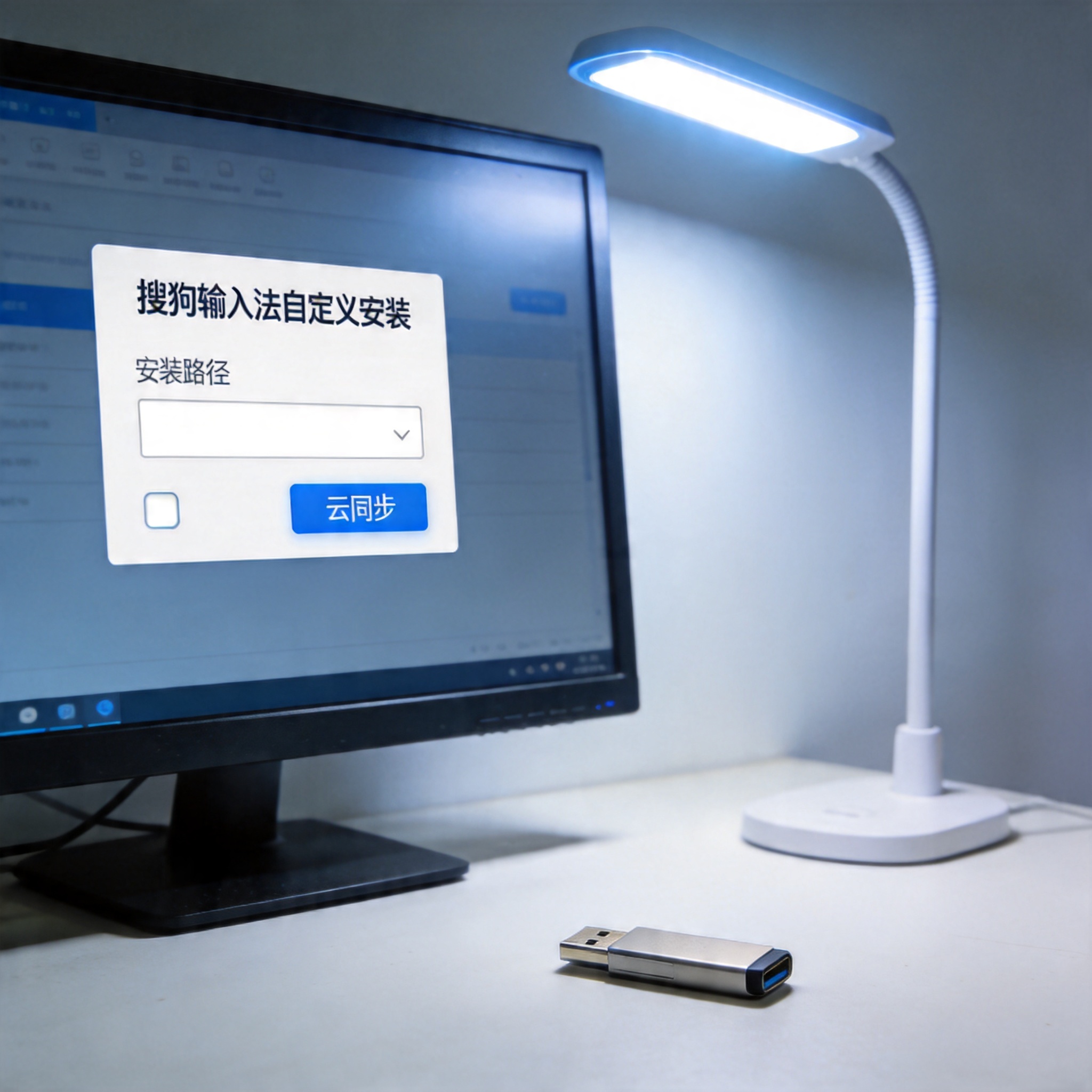 电脑屏幕显示搜狗输入法自定义安装界面，可选择安装路径和云同步选项，旁边的桌面角落放着U盘，台灯冷光