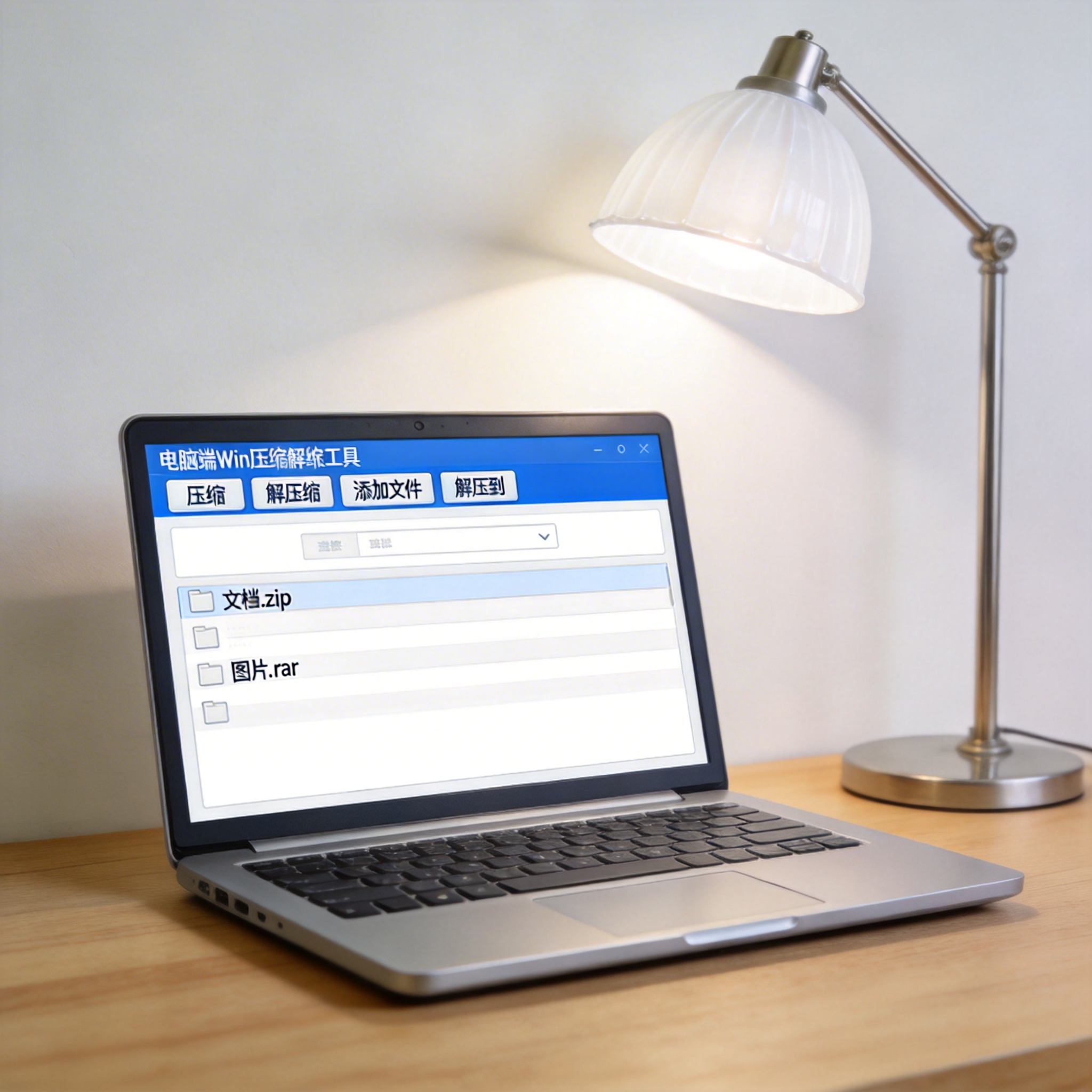 电脑桌上的电脑，屏幕显示电脑端 win 压缩解压缩工具界面，旁边放着台灯