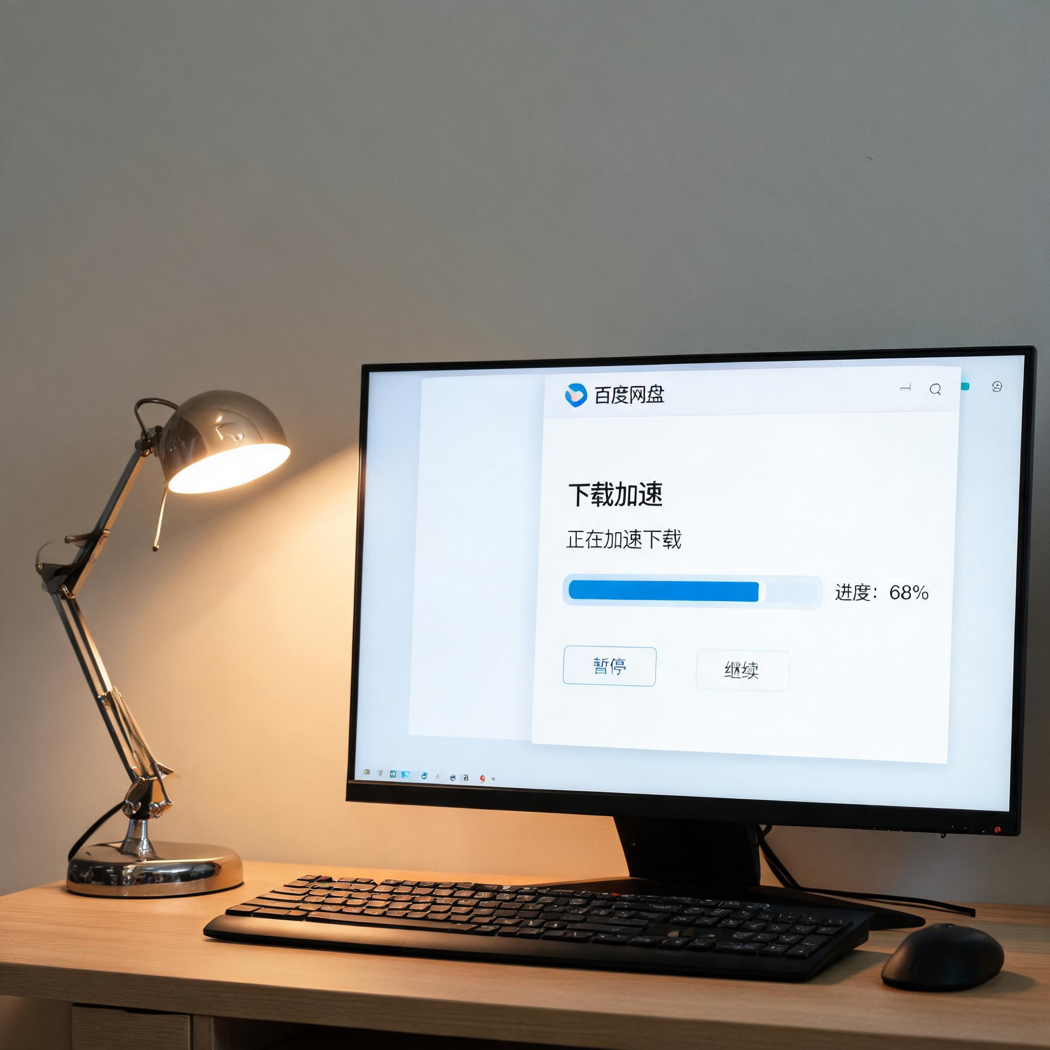电脑桌上的电脑，屏幕显示百度网盘下载加速电脑窗口，旁边放着台灯