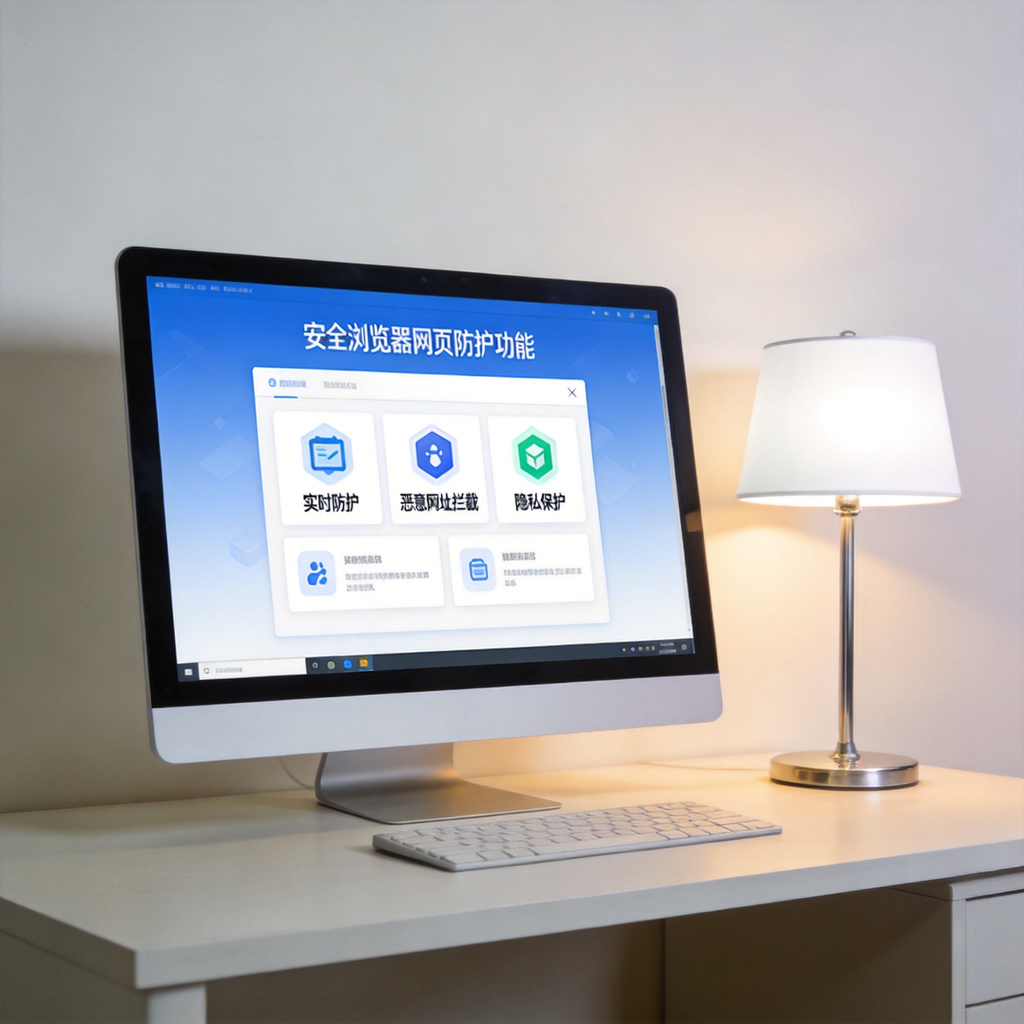 电脑桌上的电脑，屏幕显示安全浏览器网页防护功能界面，旁边放着台灯