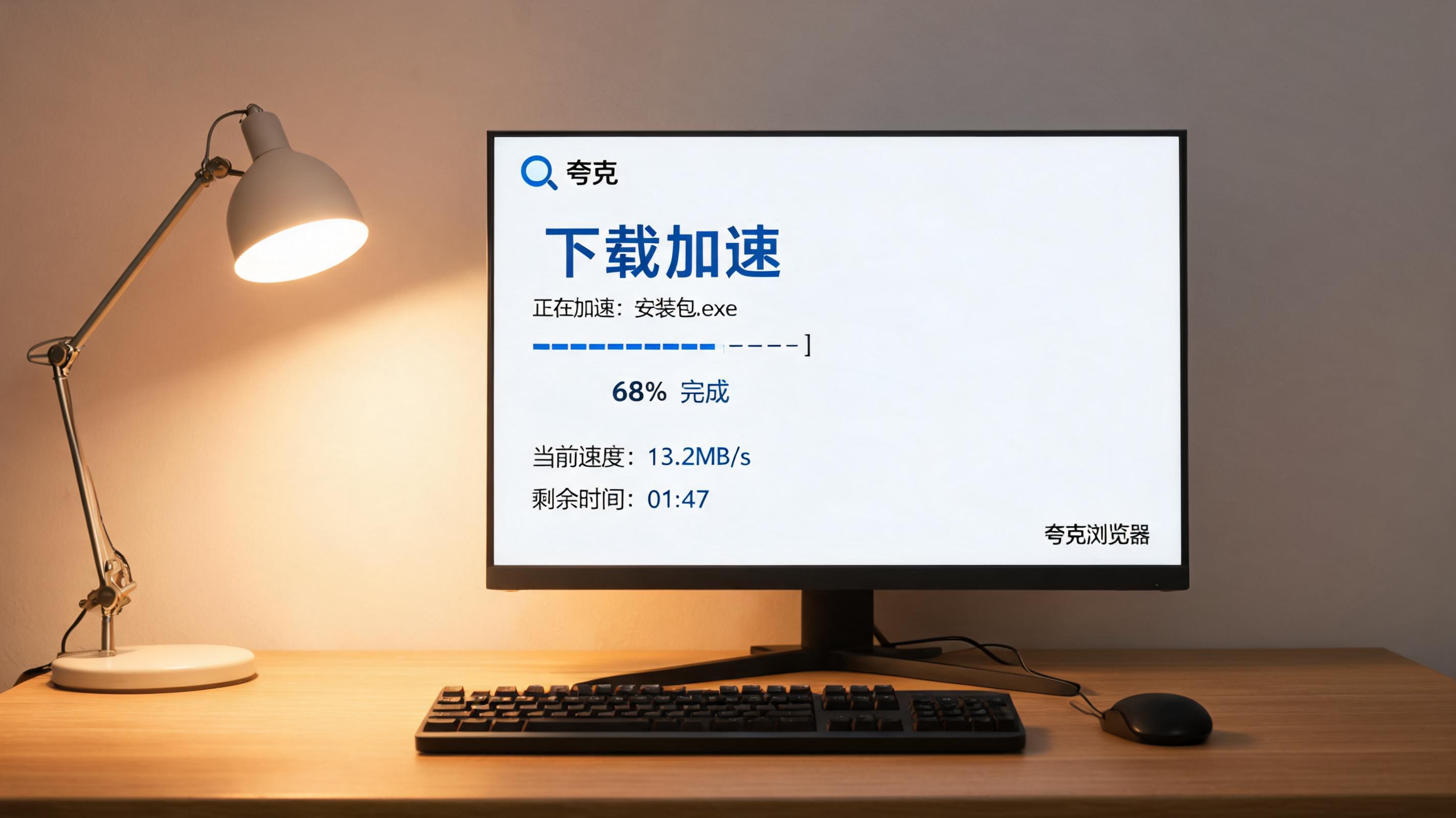 电脑桌上的电脑，屏幕显示夸克浏览器文件下载加速界面，旁边放着台灯