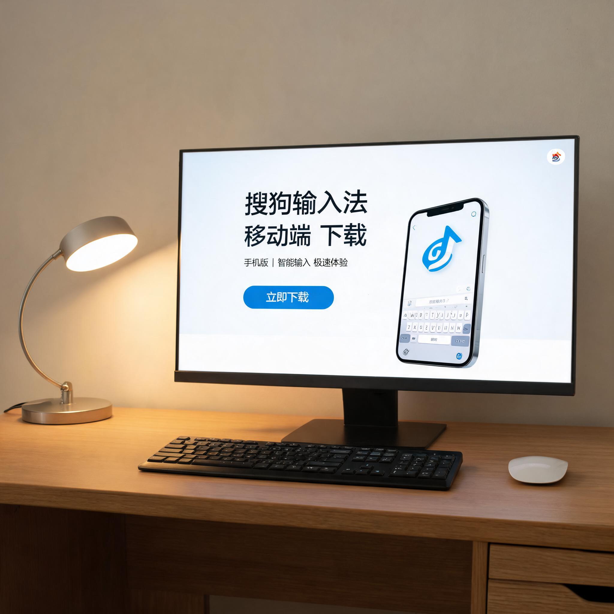 电脑桌上的电脑，屏幕显示移动端搜狗输入法下载界面，旁边放着台灯