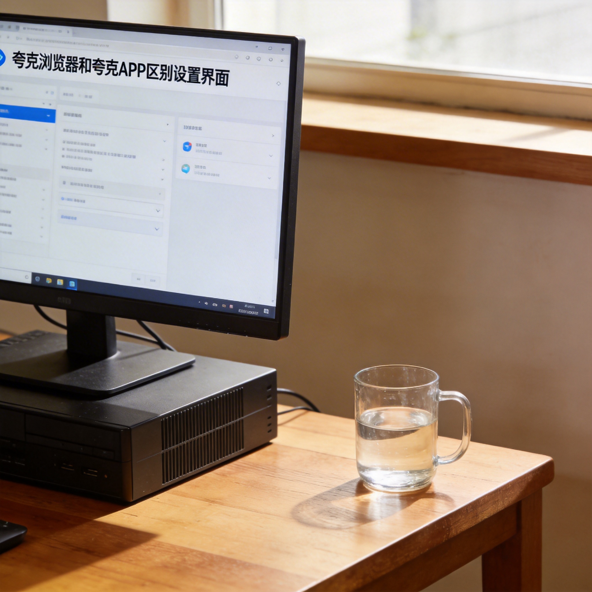 书桌上的主机，屏幕显示夸克浏览器和夸克 APP 区别设置界面，桌角放着水杯，自然光