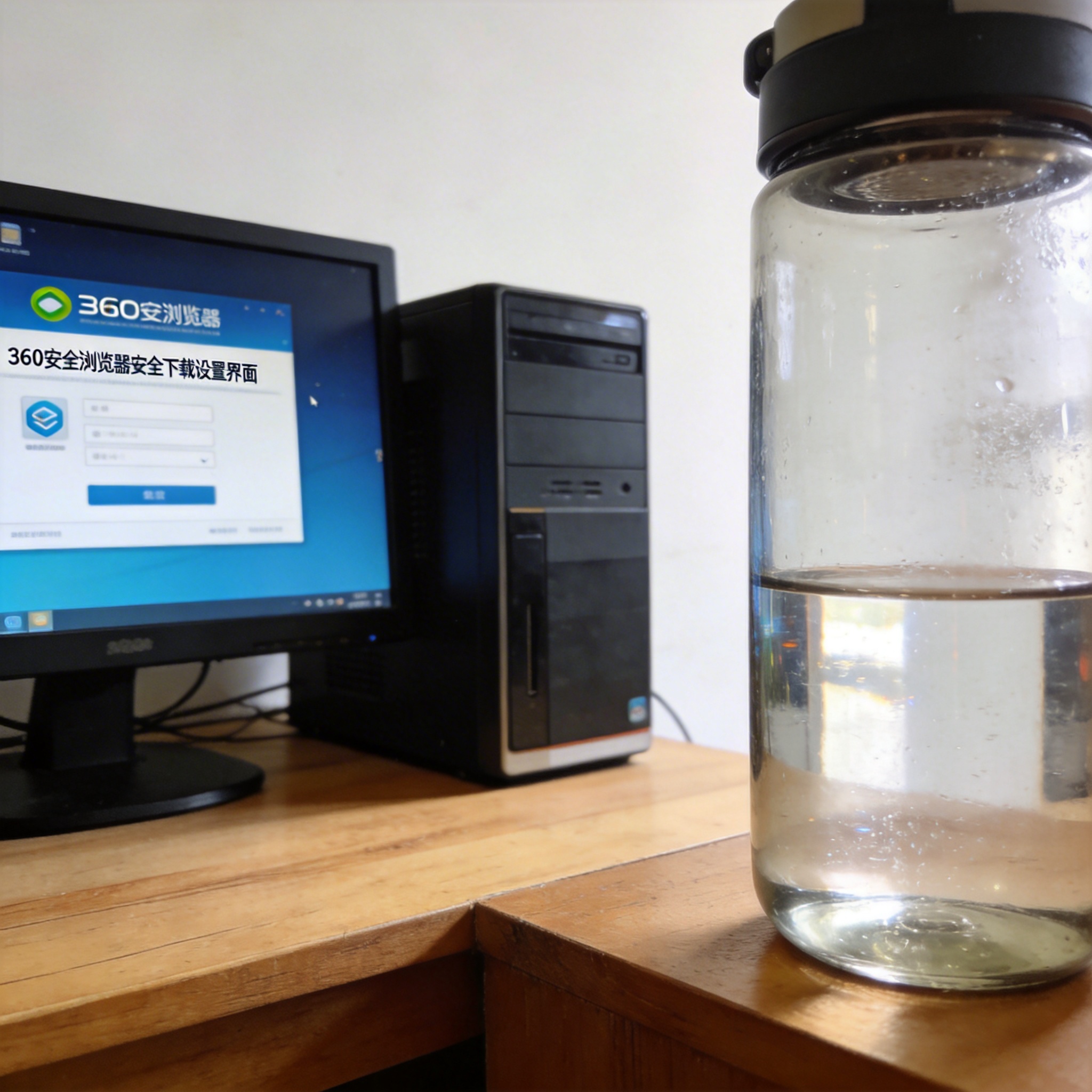 书桌上的主机，屏幕显示360 安全浏览器安全下载设置界面，桌角放着水杯，自然光