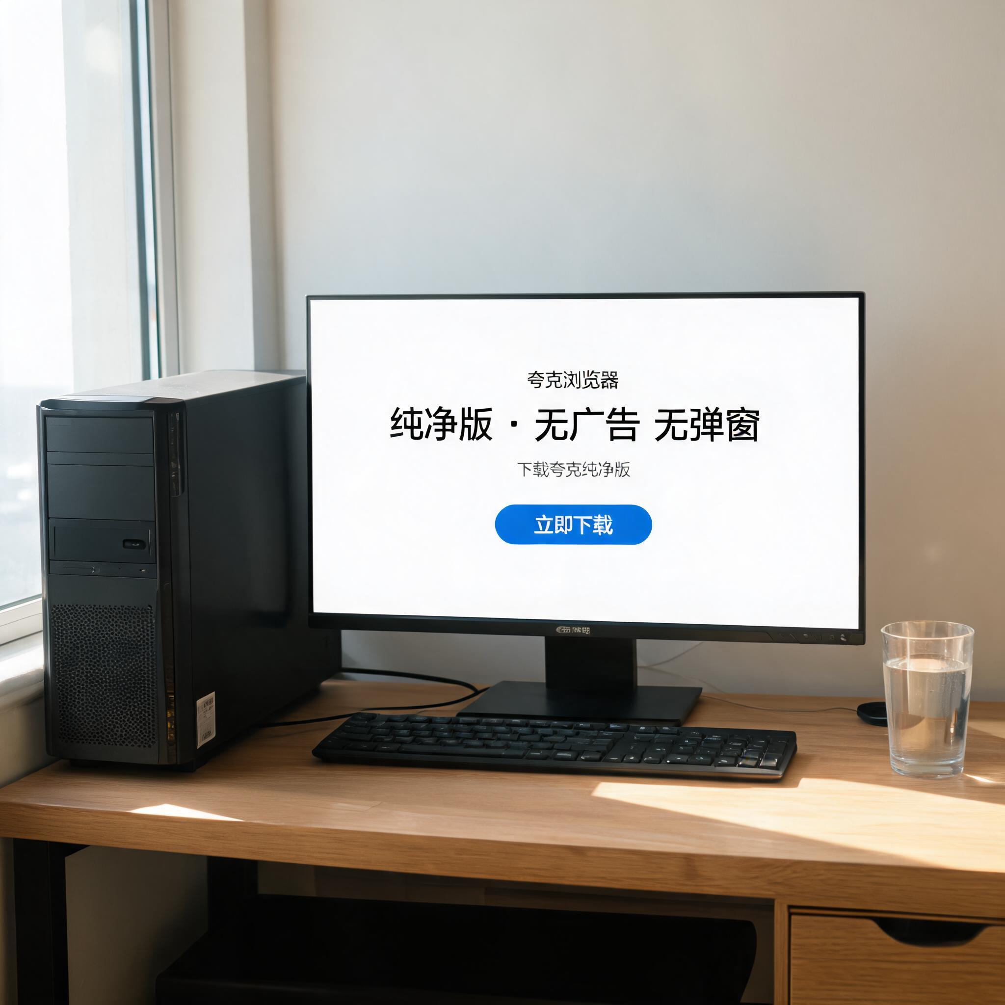 书桌上的主机，屏幕显示夸克浏览器纯净版无广告下载设置界面，桌角放着水杯，自然光