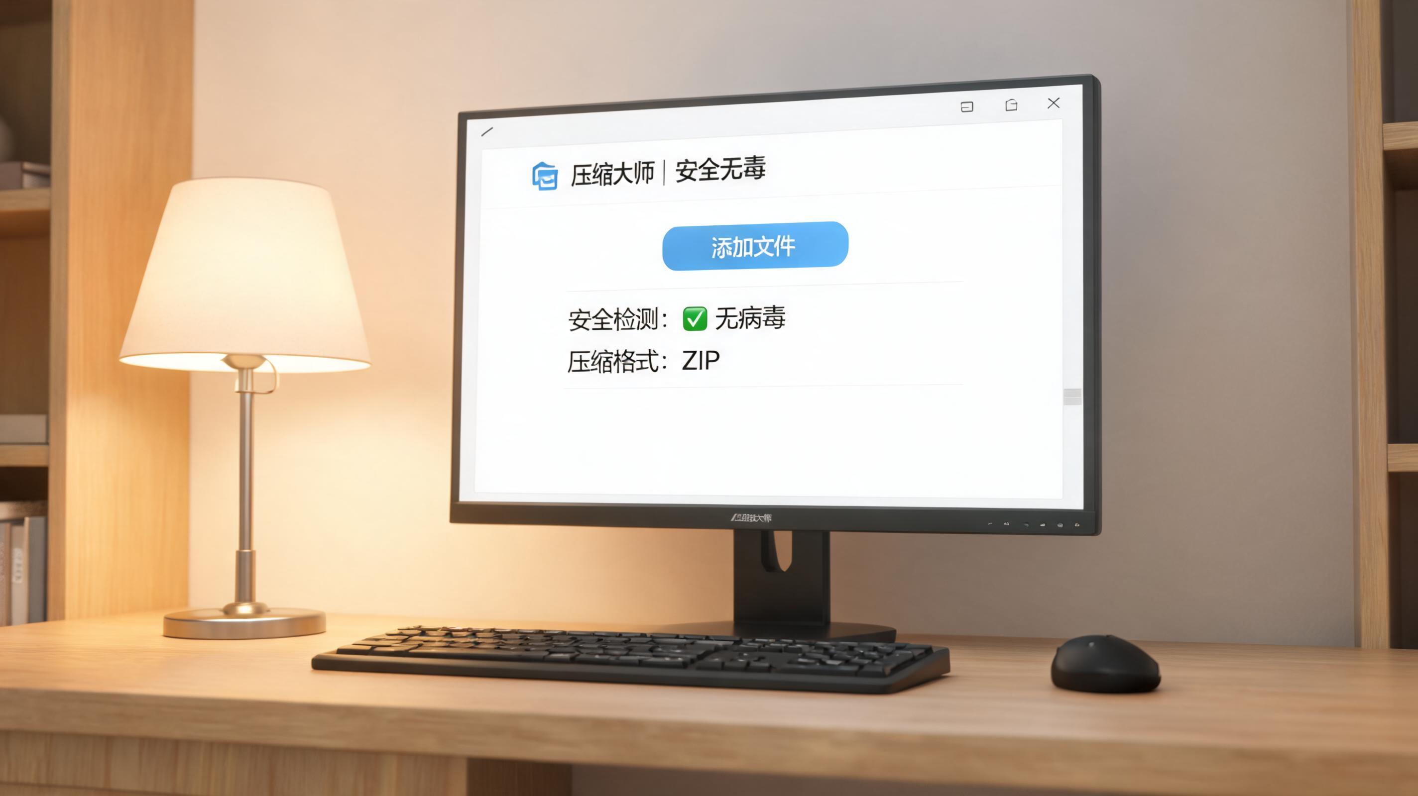 电脑桌上的电脑，屏幕显示安全无毒文件压缩软件界面，旁边放着台灯
