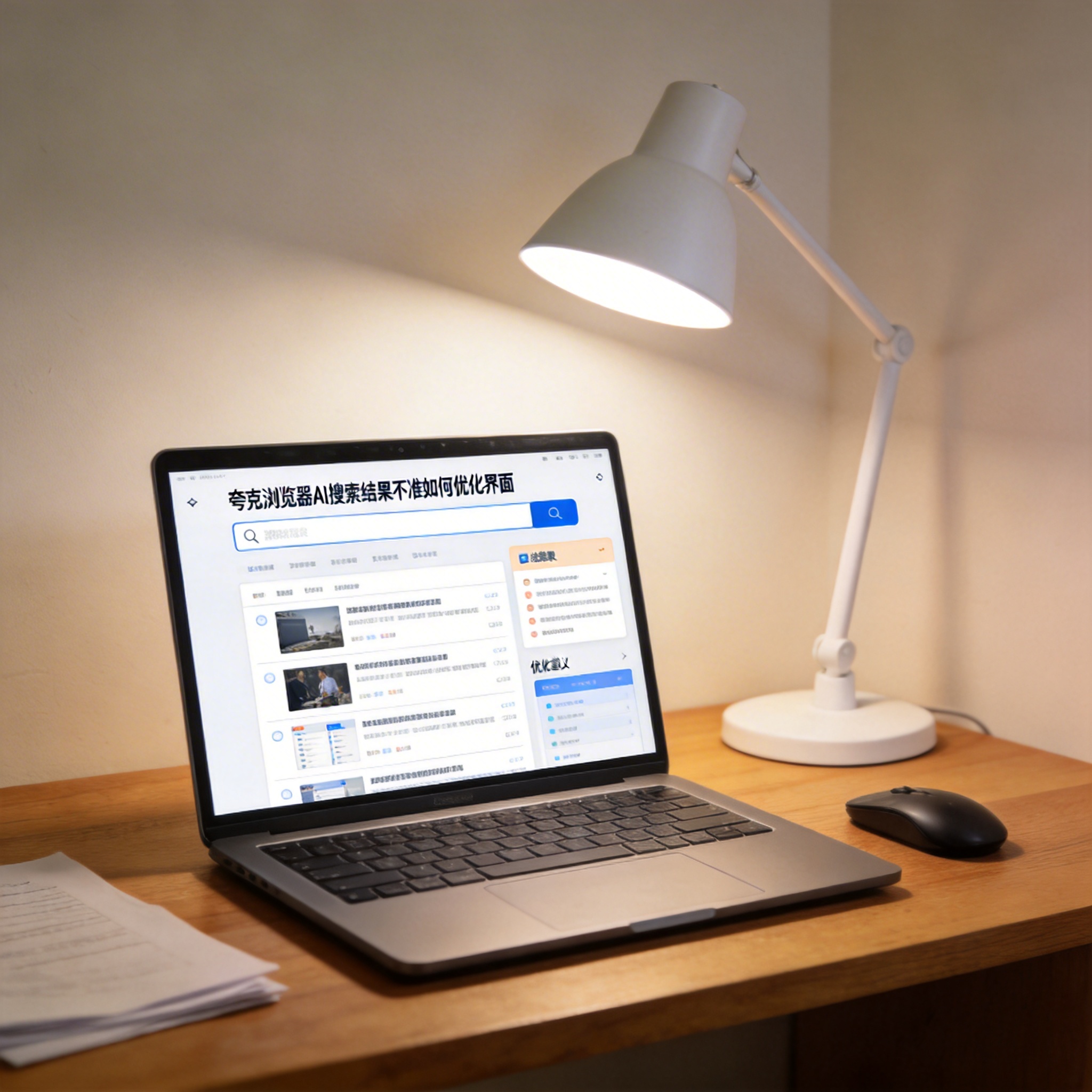电脑桌上的电脑，屏幕显示夸克浏览器 AI 搜索结果不准如何优化界面，旁边放着台灯