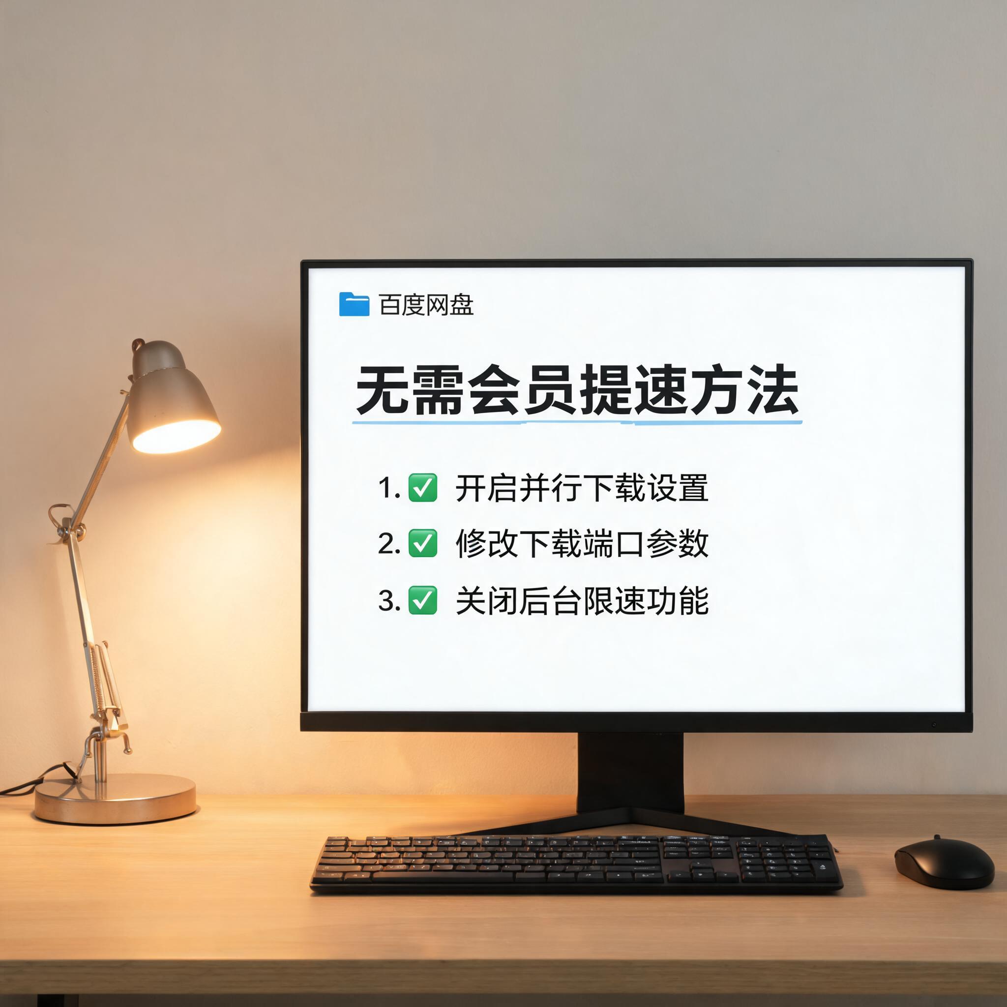 电脑桌上的电脑，屏幕显示百度网盘提速方法无需会员界面，旁边放着台灯