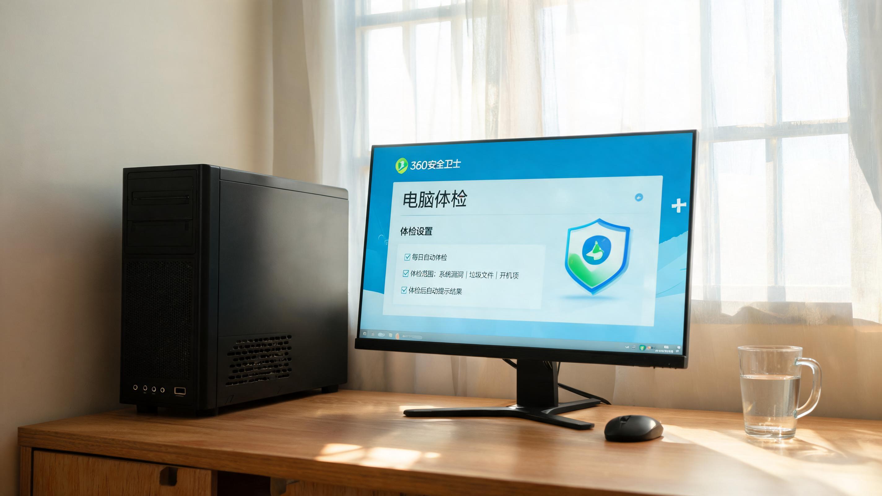 书桌上的主机，屏幕显示360 卫士电脑体检功能设置界面，桌角放着水杯，自然光