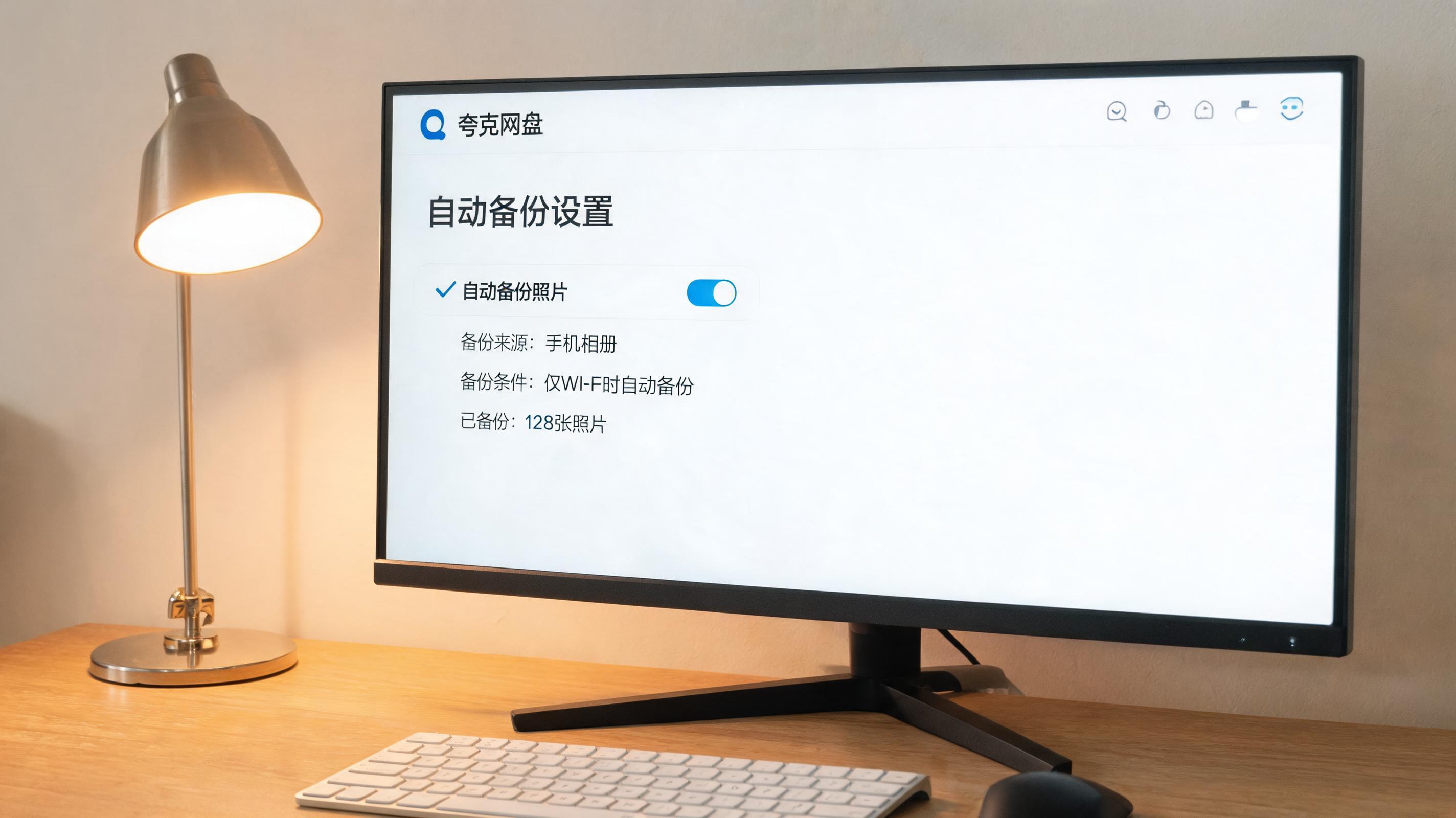 电脑桌上的电脑，屏幕显示夸克网盘自动备份照片设置界面，旁边放着台灯