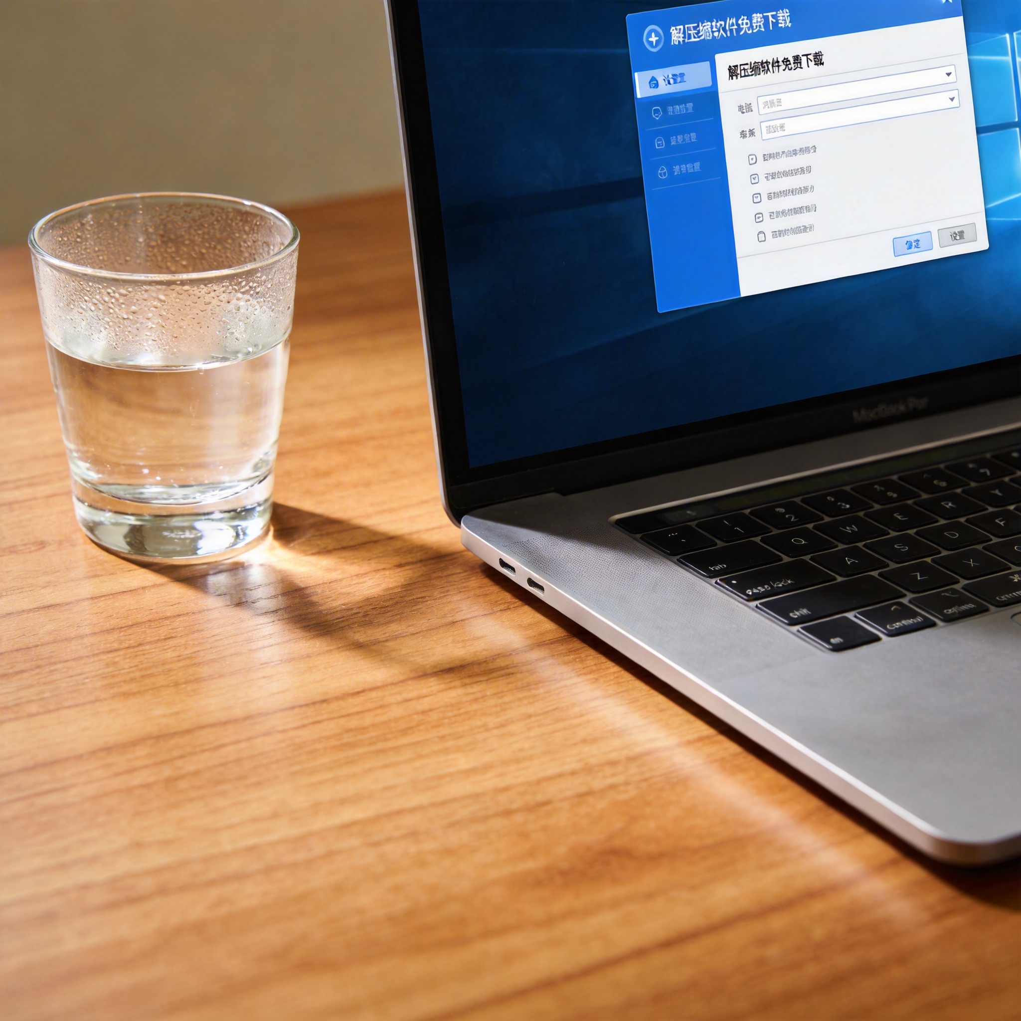书桌上的主机，屏幕显示解压缩软件免费下载设置界面，桌角放着水杯，自然光
