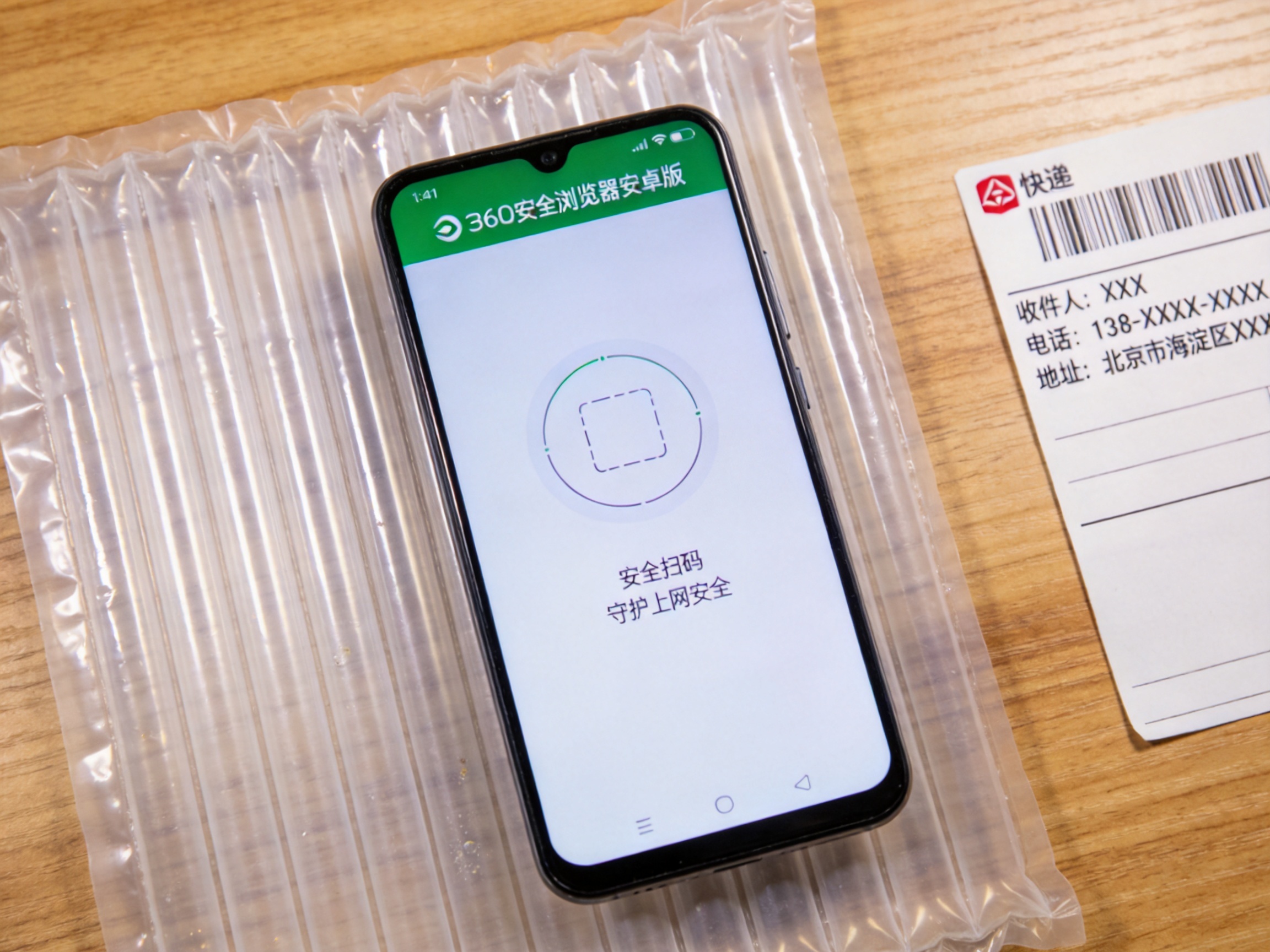 安卓手机摆在书桌的塑料垫上，屏幕显示360安全浏览器安卓版的安全扫码界面，桌面还有一个快递纸质面单，室内自然光