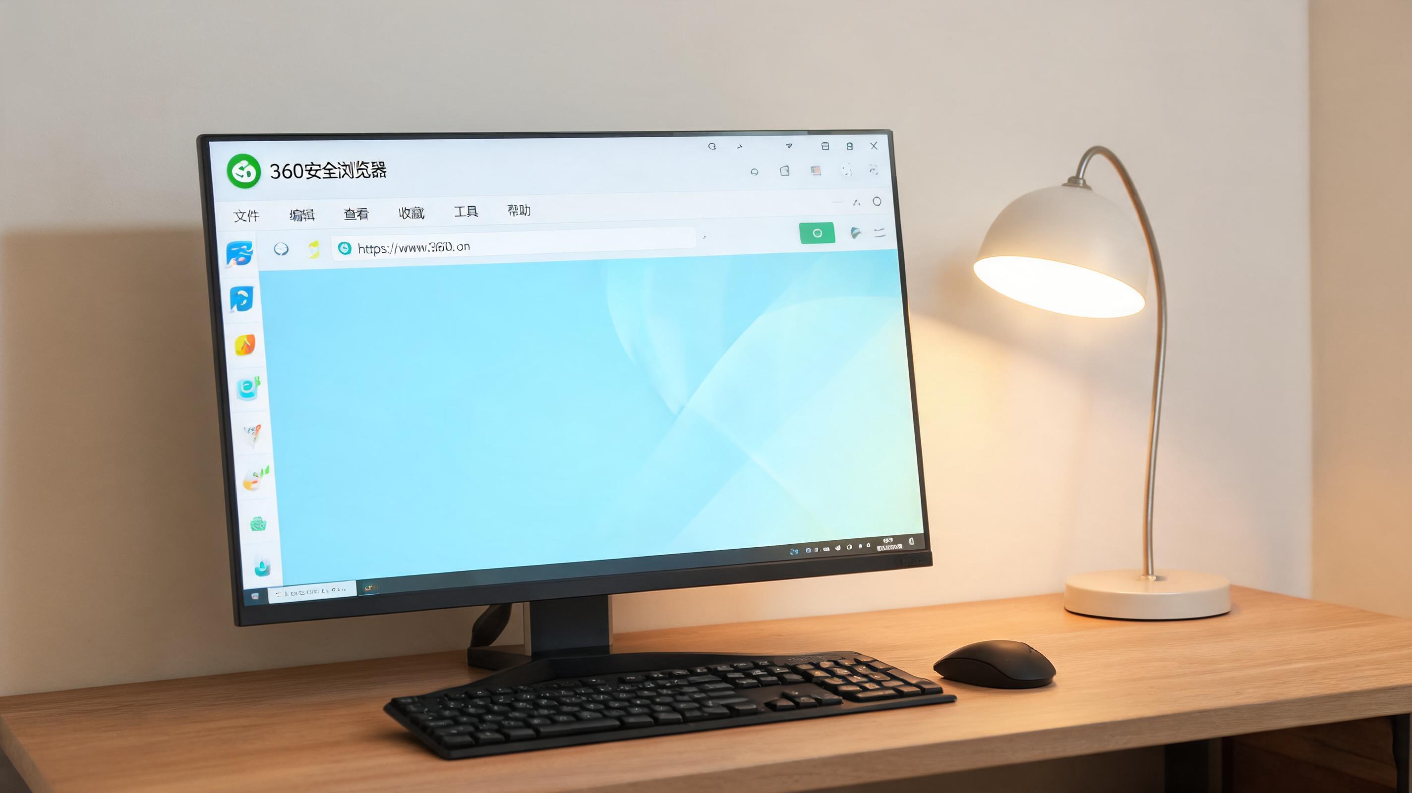 电脑桌上的电脑，屏幕显示360 安全浏览器电脑版菜单，旁边放着台灯