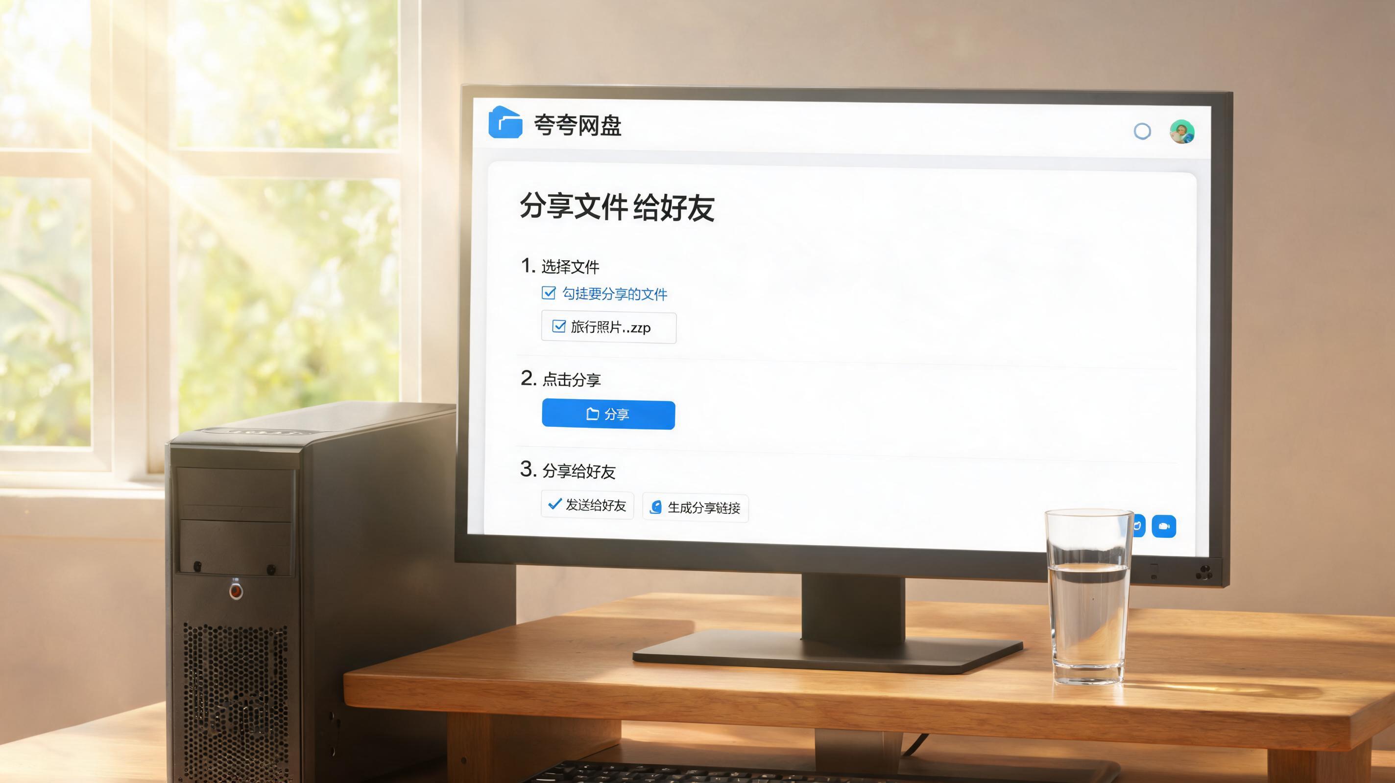 书桌上的主机，屏幕显示夸克网盘文件怎么分享给好友设置界面，桌角放着水杯，自然光