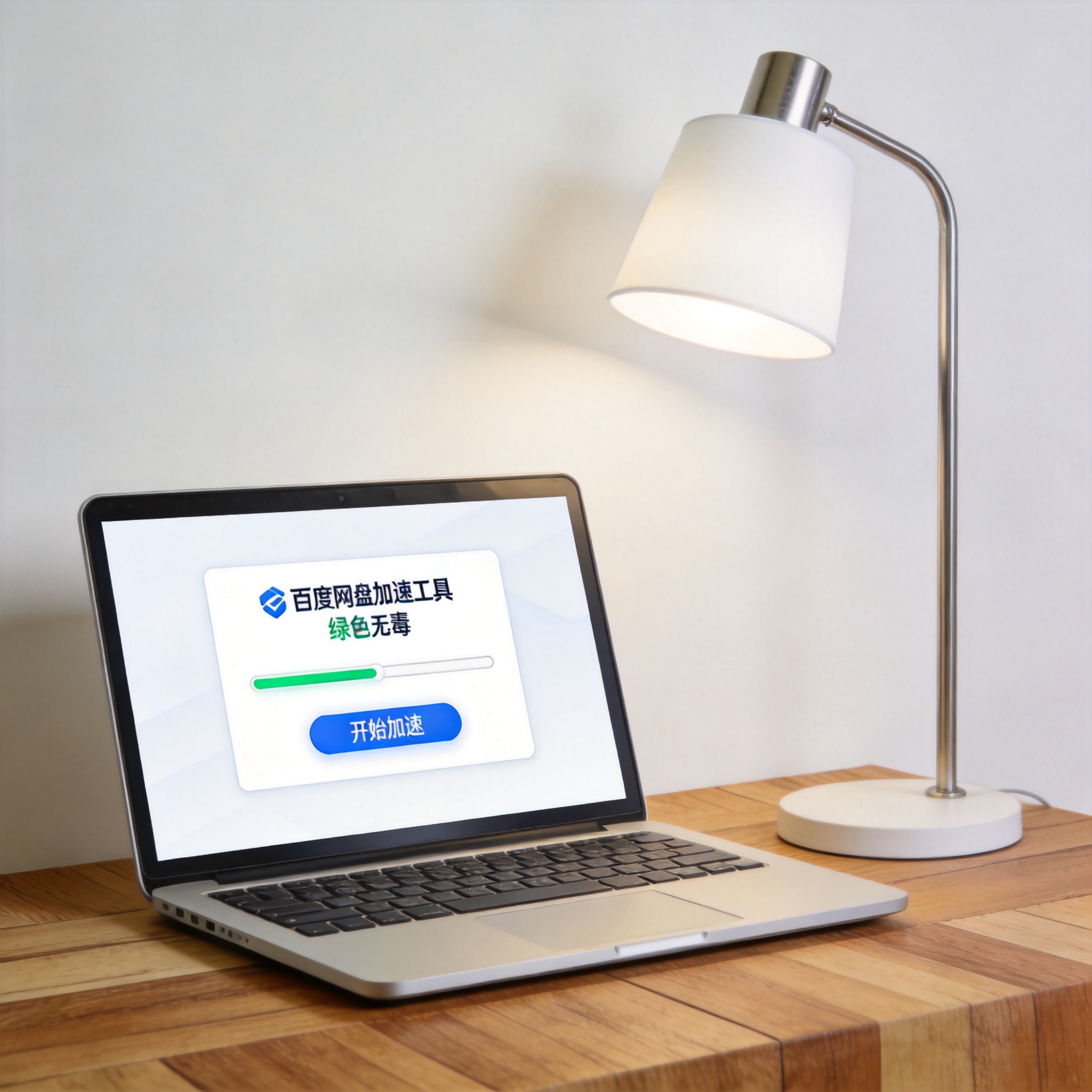 电脑桌上的电脑，屏幕显示百度网盘加速工具绿色无毒界面，旁边放着台灯