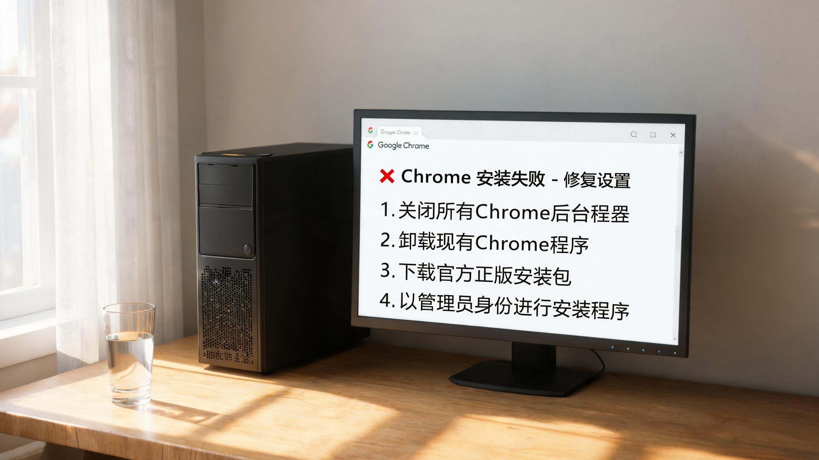 书桌上的主机，屏幕显示chrome安装失败怎么修复设置界面，桌角放着水杯，自然光