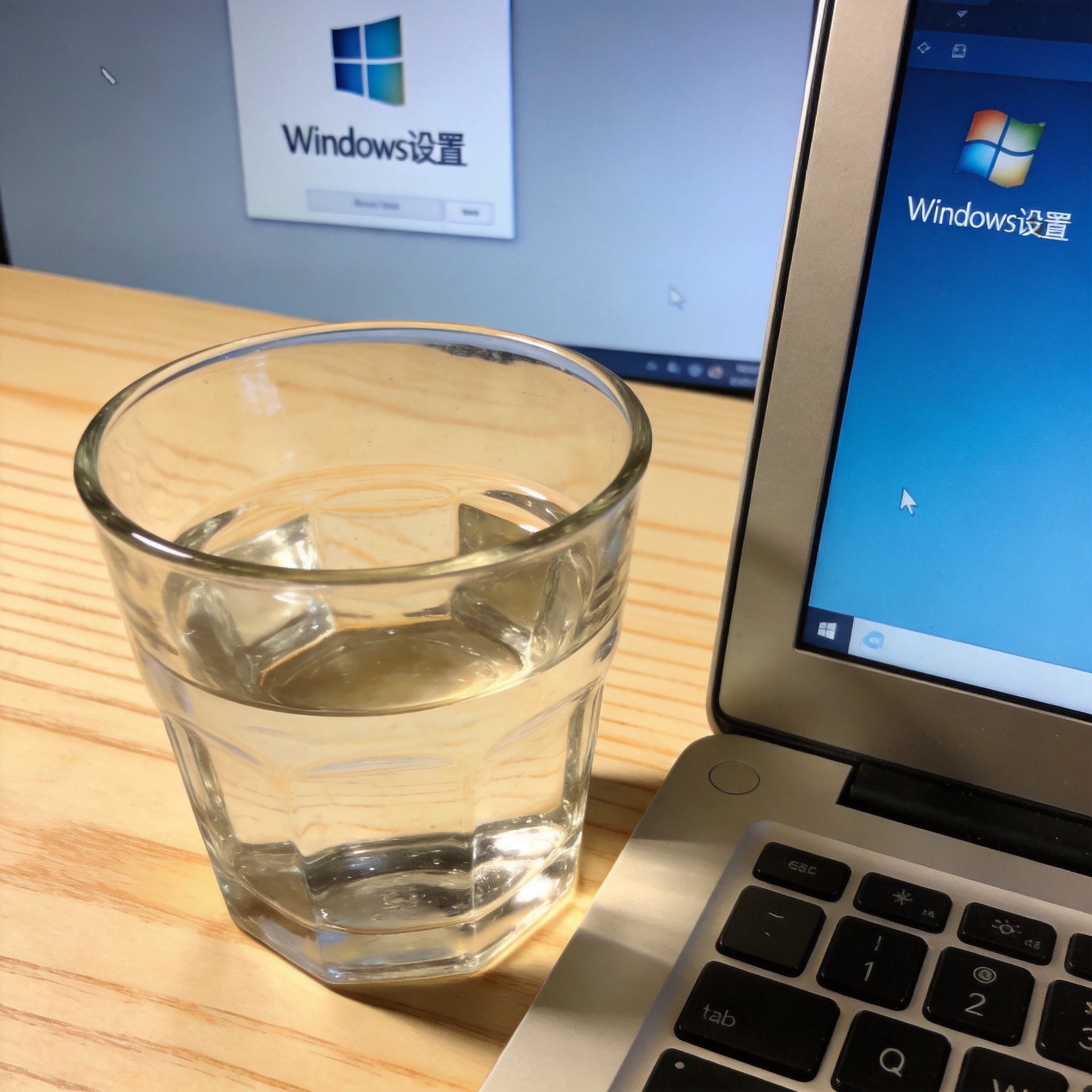 书桌上的笔记本，屏幕显示Windows设置界面，桌角放着水杯，自然光