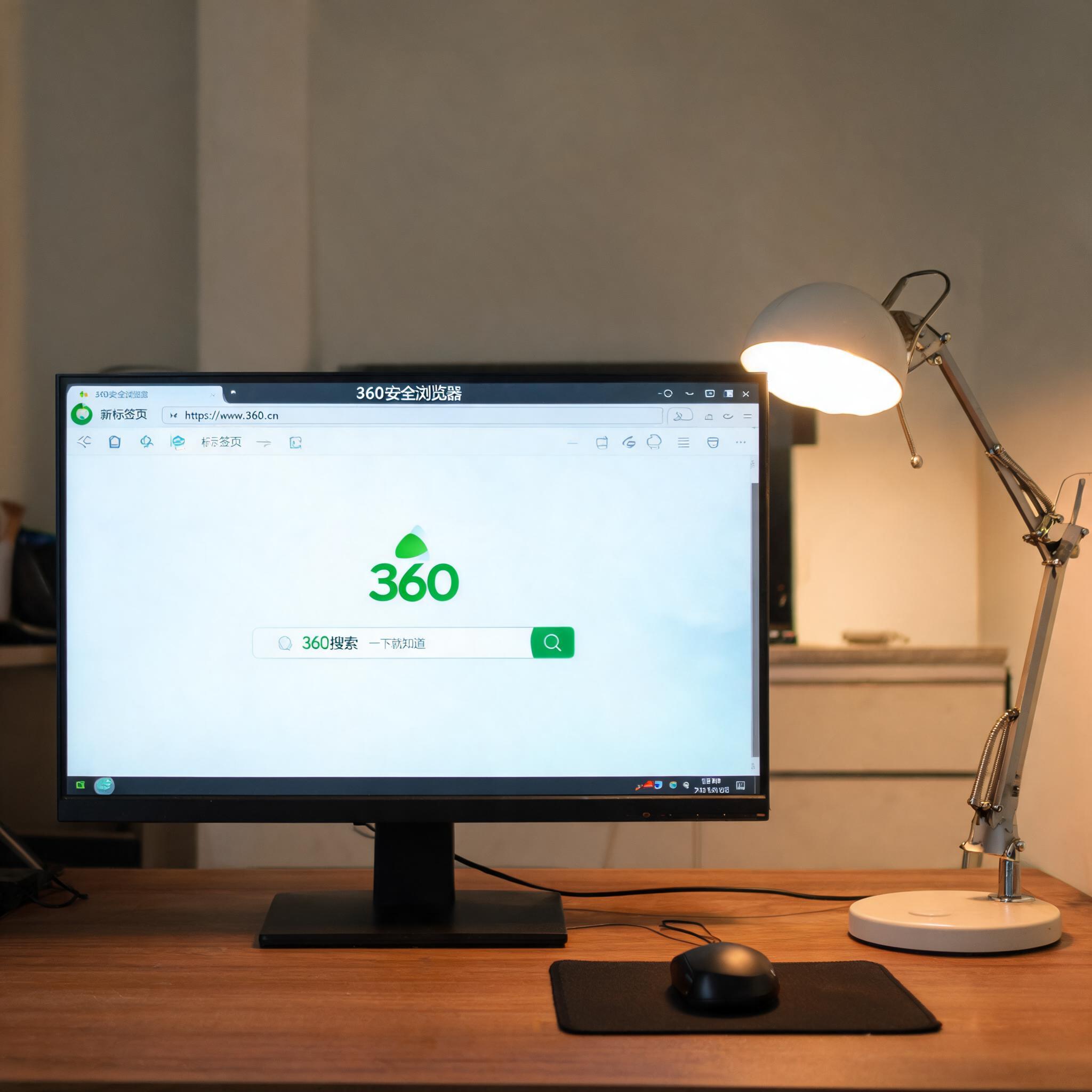 电脑桌上的电脑，屏幕显示电脑版 360 安全浏览器界面，旁边放着台灯