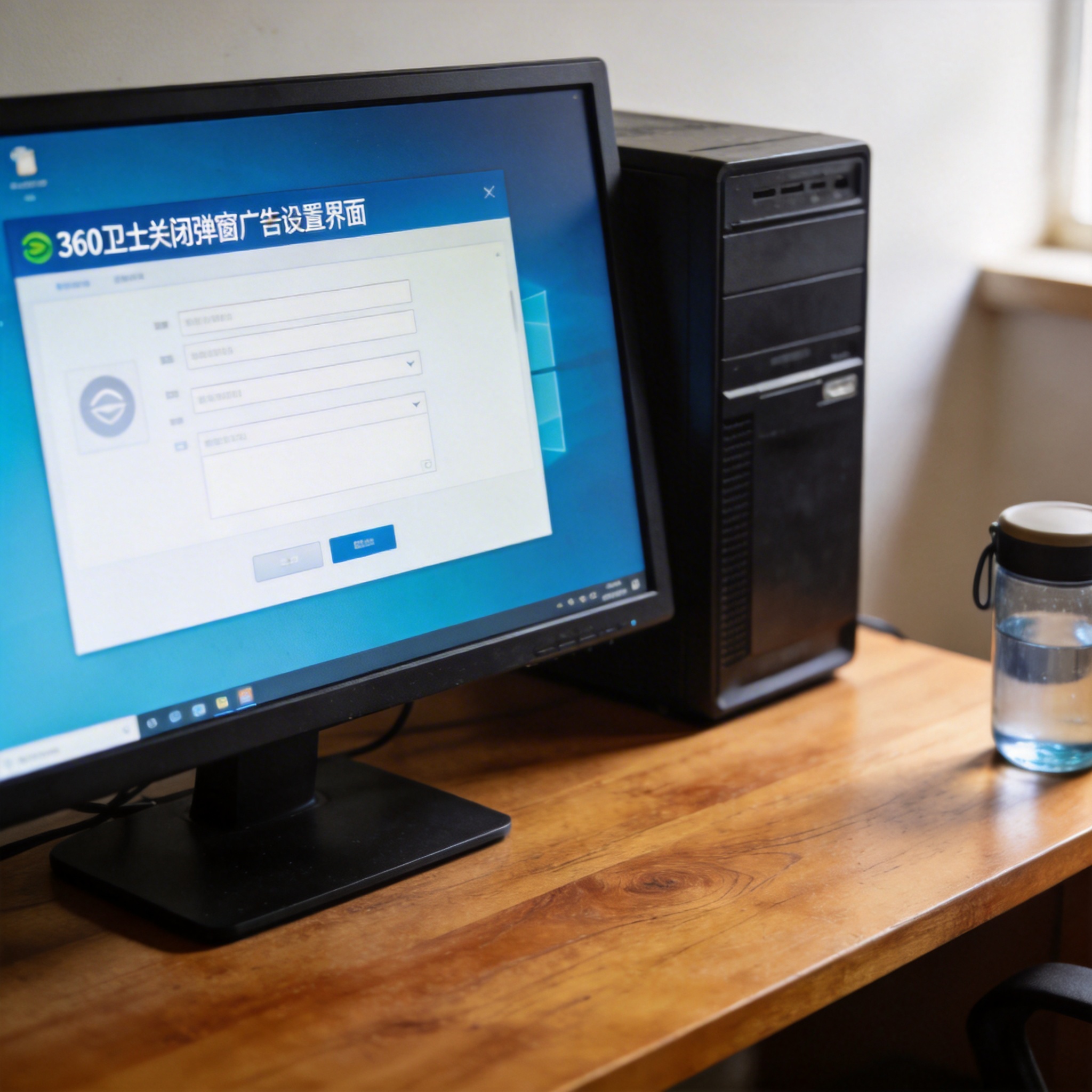 书桌上的主机，屏幕显示360 卫士怎么关闭弹窗广告设置界面，桌角放着水杯，自然光