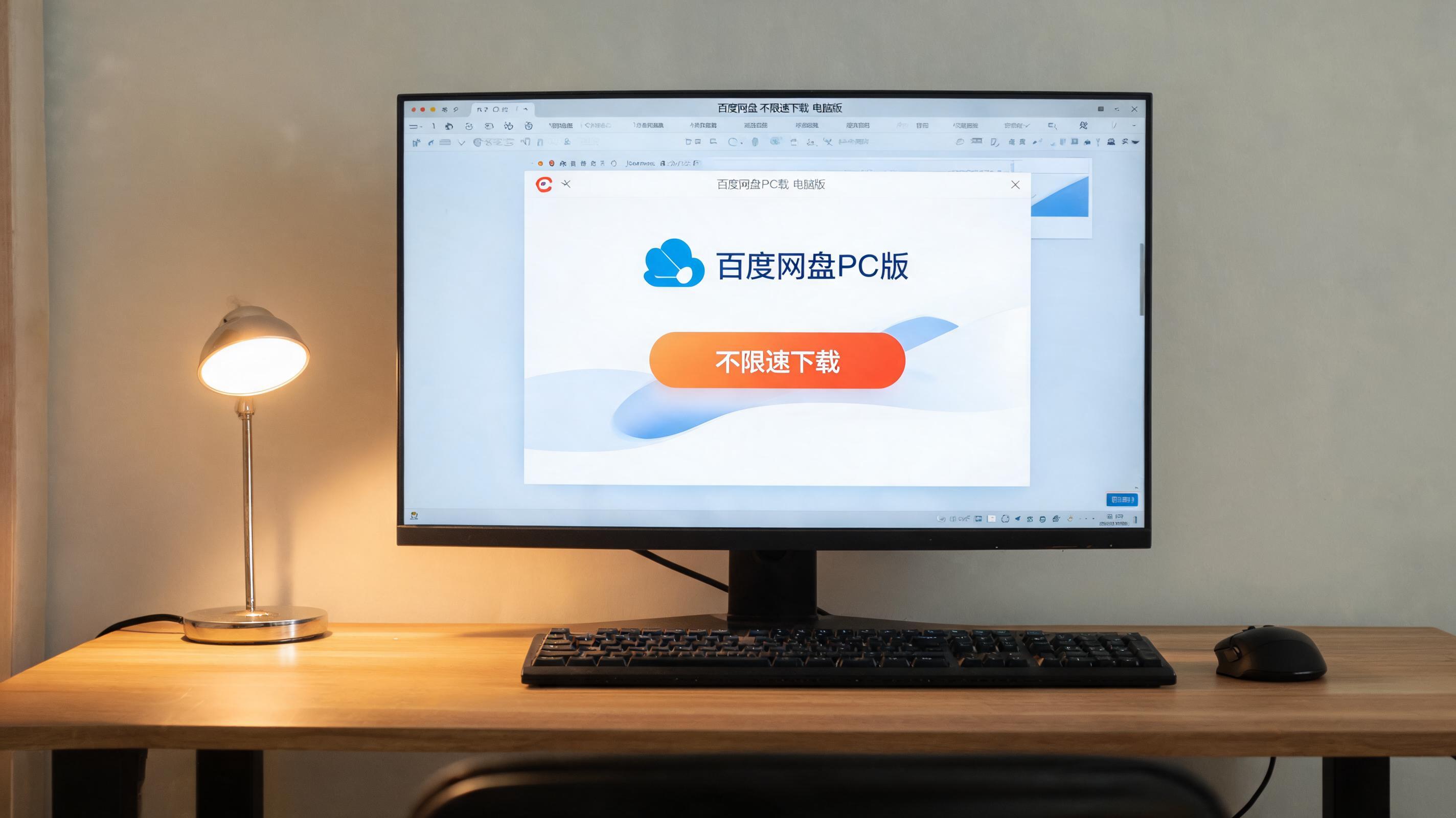 电脑桌上的电脑，屏幕显示百度网盘不限速下载电脑版窗口，旁边放着台灯