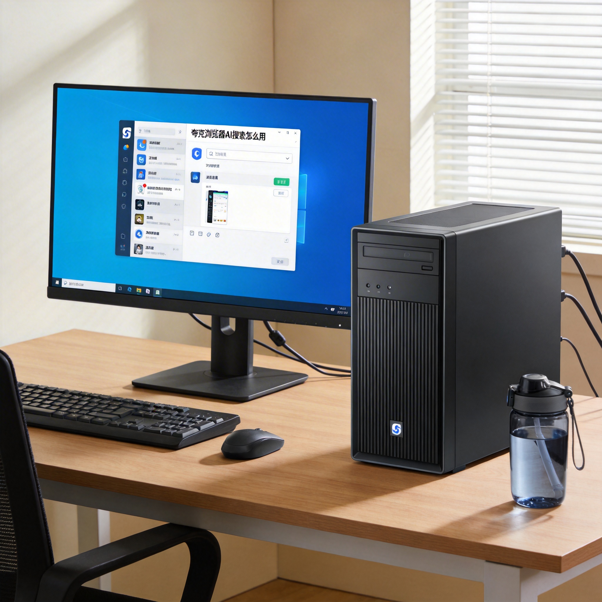 书桌上的主机，屏幕显示夸克浏览器 AI 搜索怎么用设置界面，桌角放着水杯，自然光