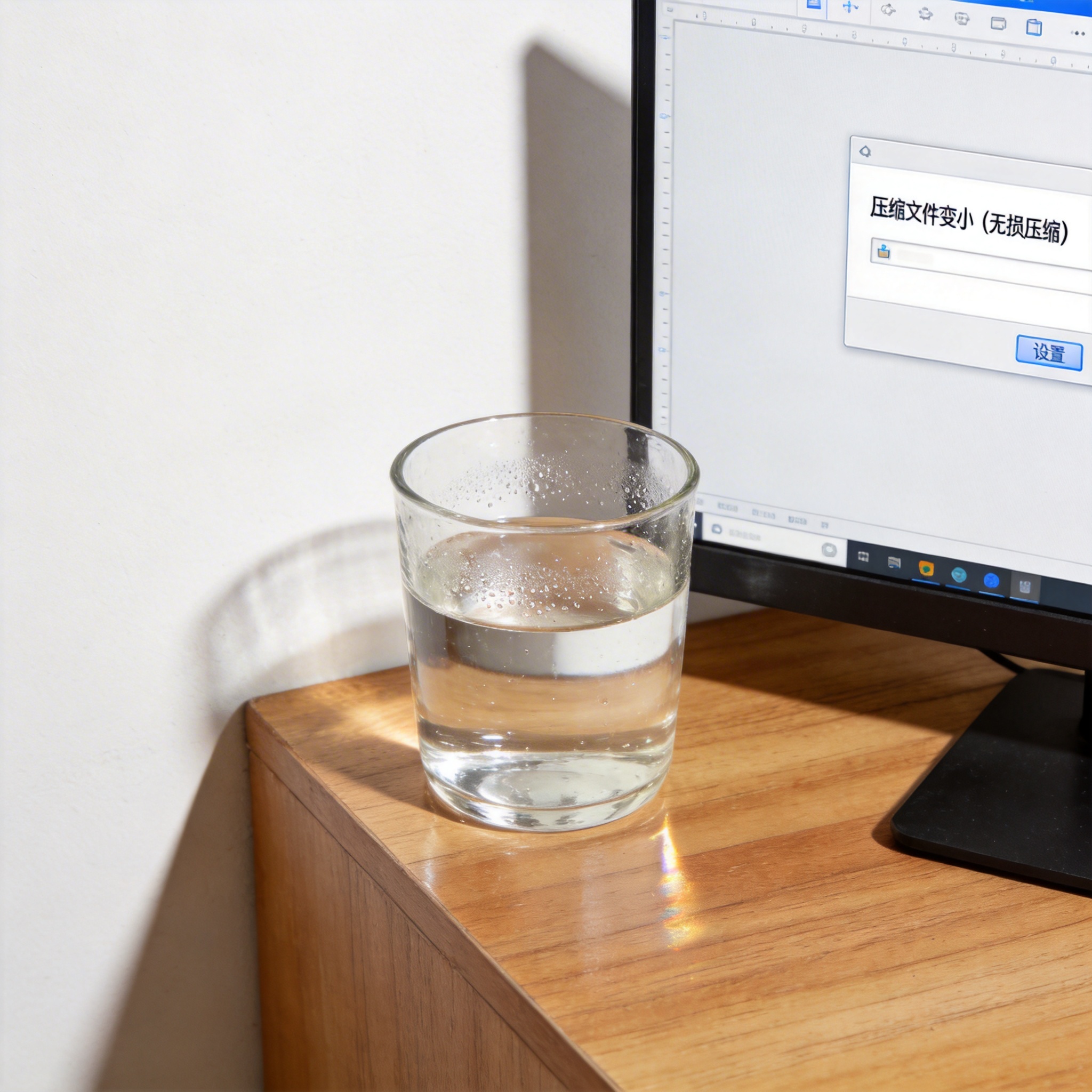 书桌上的主机，屏幕显示压缩文件变小无损压缩设置界面，桌角放着水杯，自然光