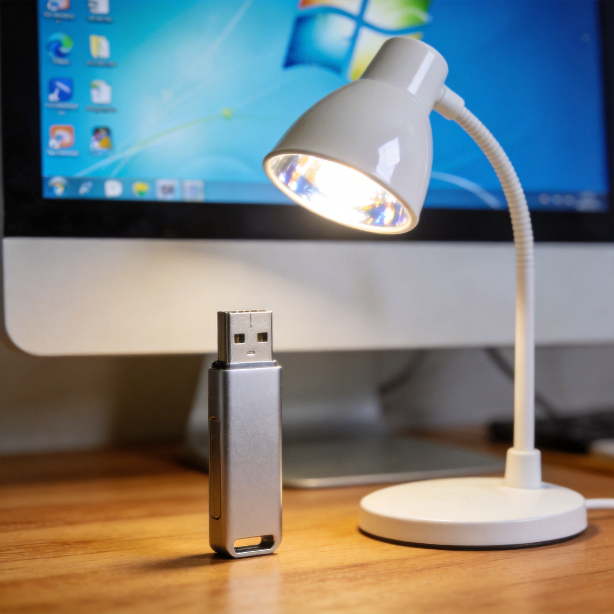 电脑桌上的U盘，屏幕显示Windows界面，旁边放着台灯