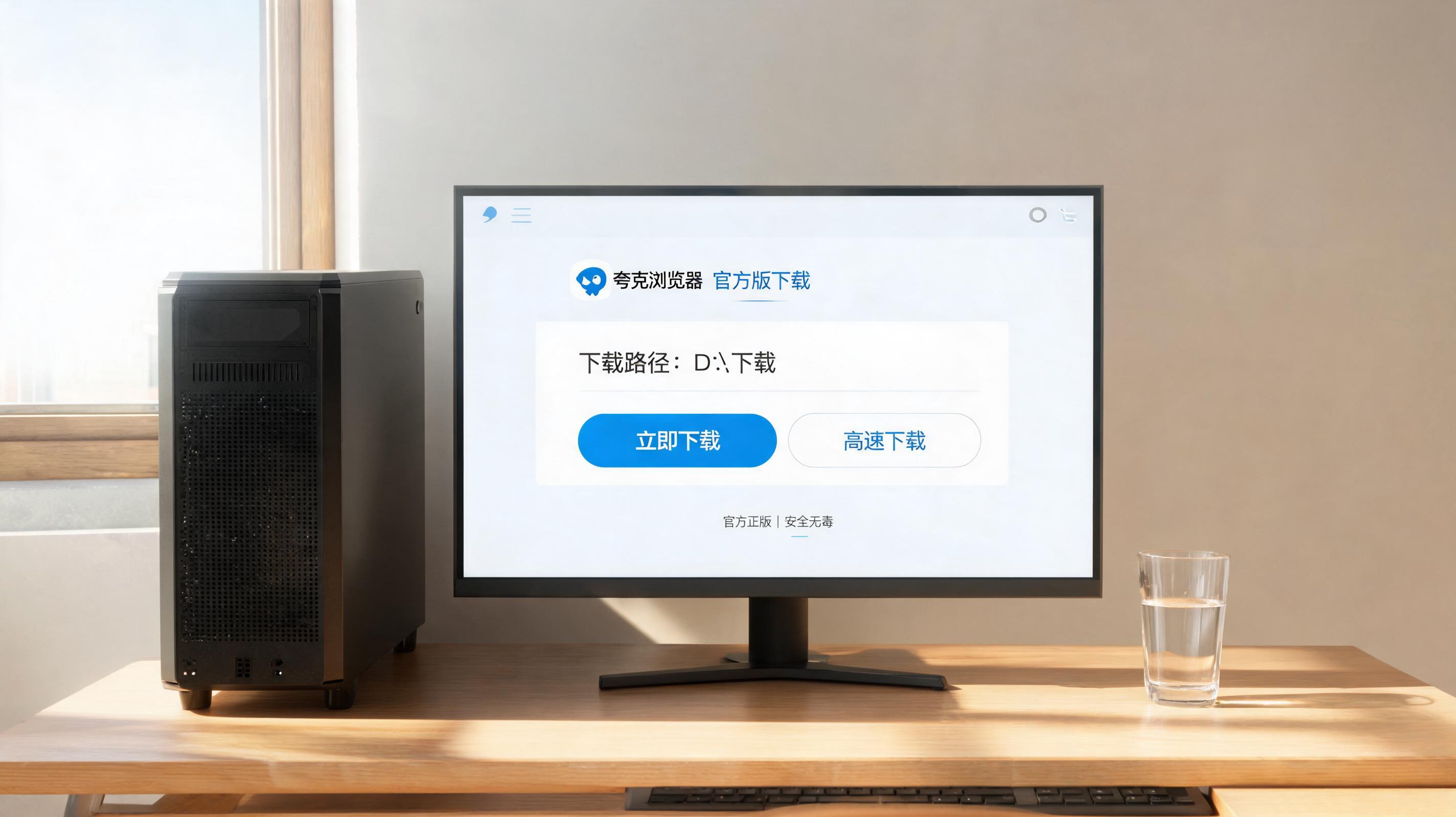书桌上的主机，屏幕显示夸克浏览器官方版下载设置界面，桌角放着水杯，自然光