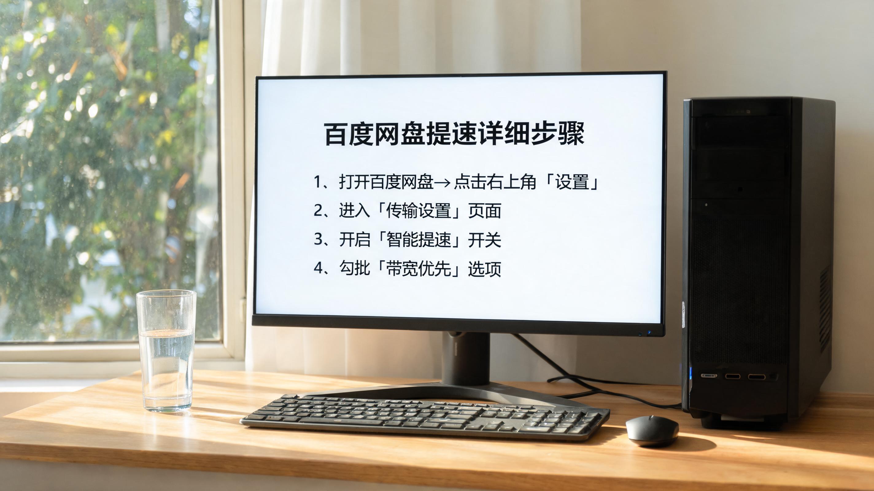 书桌上的主机，屏幕显示百度网盘提速方法详细步骤设置界面，桌角放着水杯，自然光