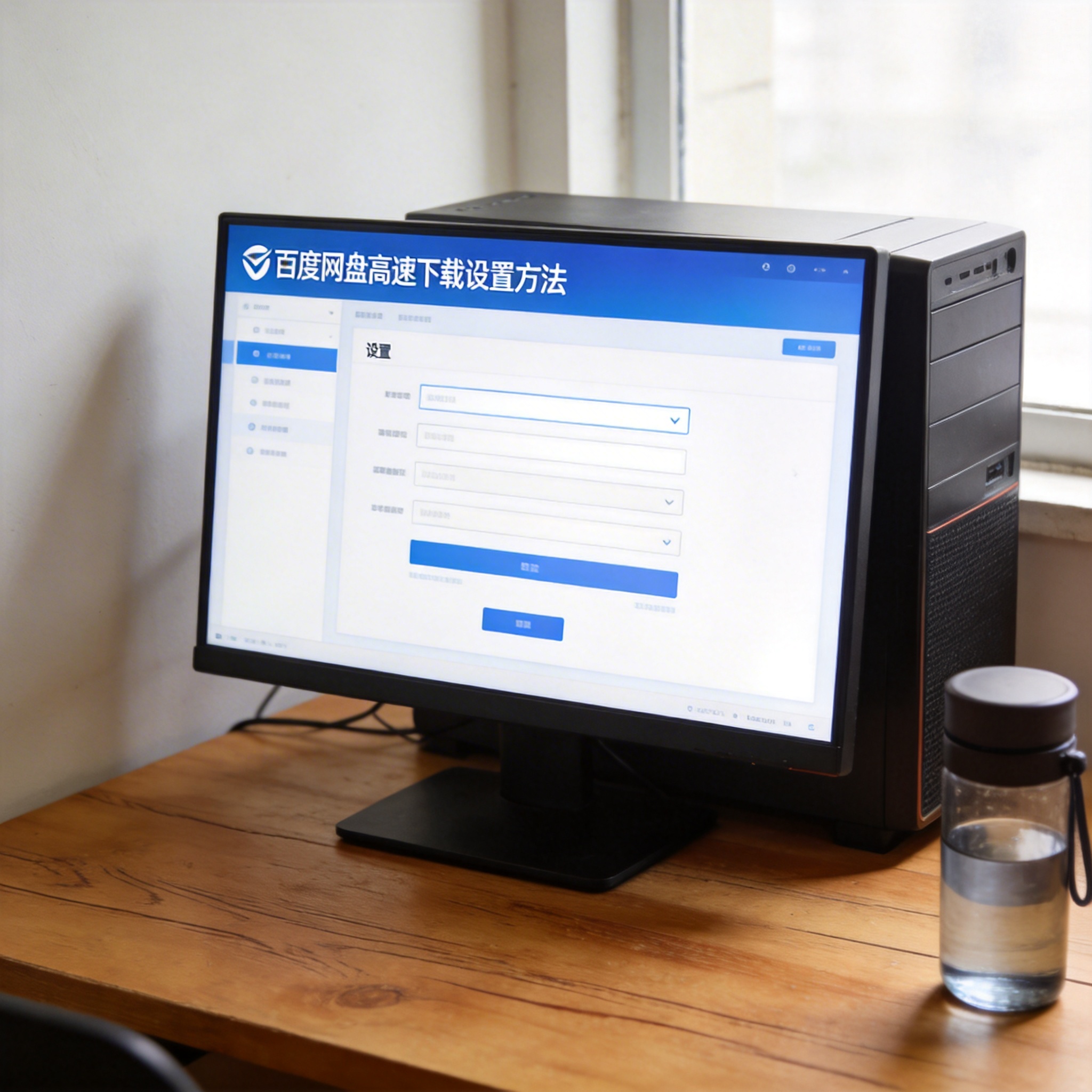 书桌上的主机，屏幕显示百度网盘高速下载设置方法设置界面，桌角放着水杯，自然光
