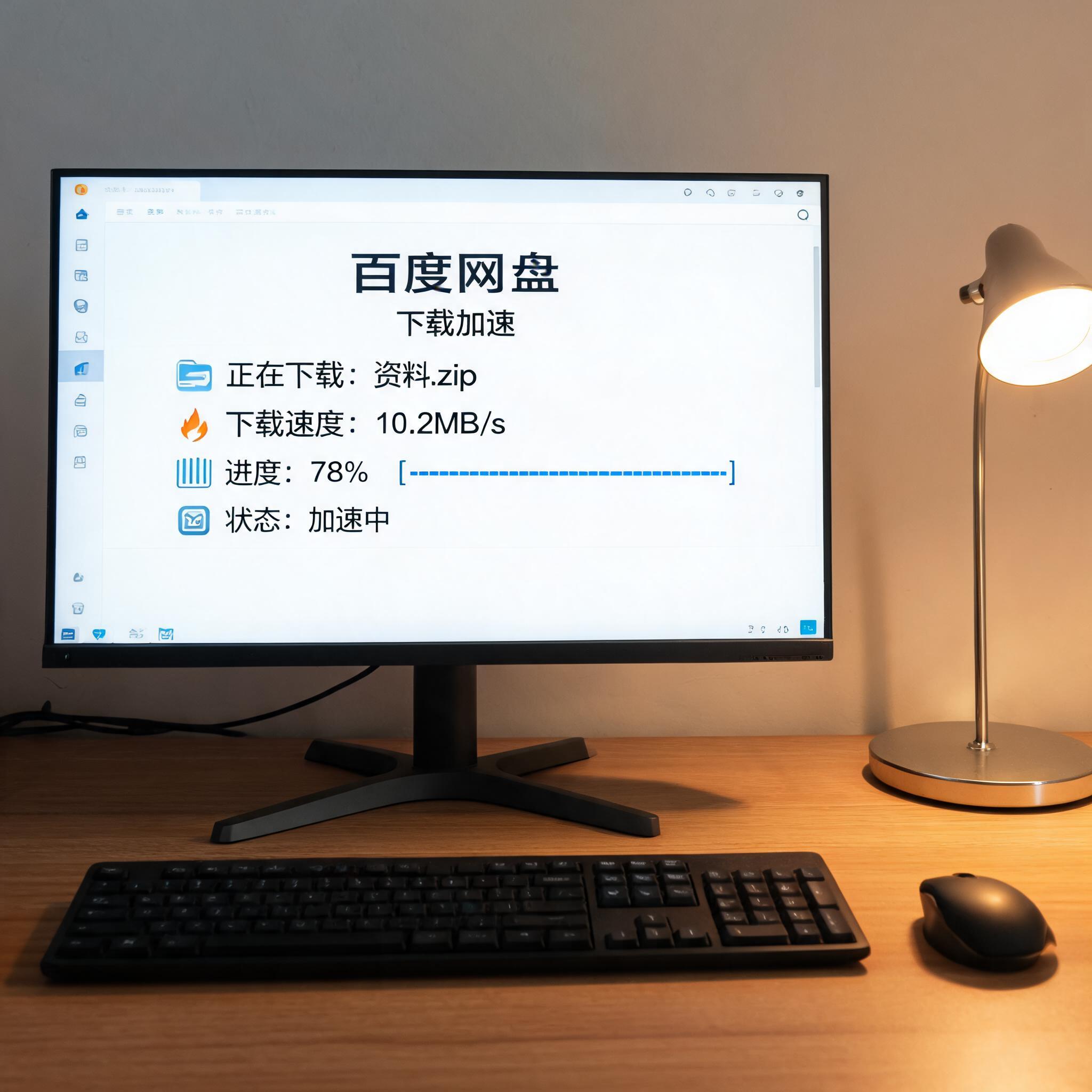 电脑桌上的电脑，屏幕显示百度网盘下载加速电脑界面，旁边放着台灯