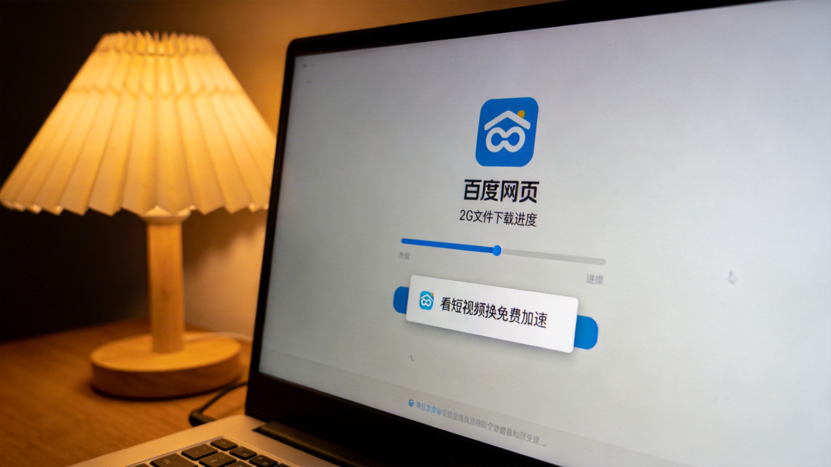 电脑桌面，屏幕显示百度网盘APP下载界面，进度条显示2G文件下载进度，页面下方弹出看短视频换免费加速的提示框，台灯暖光