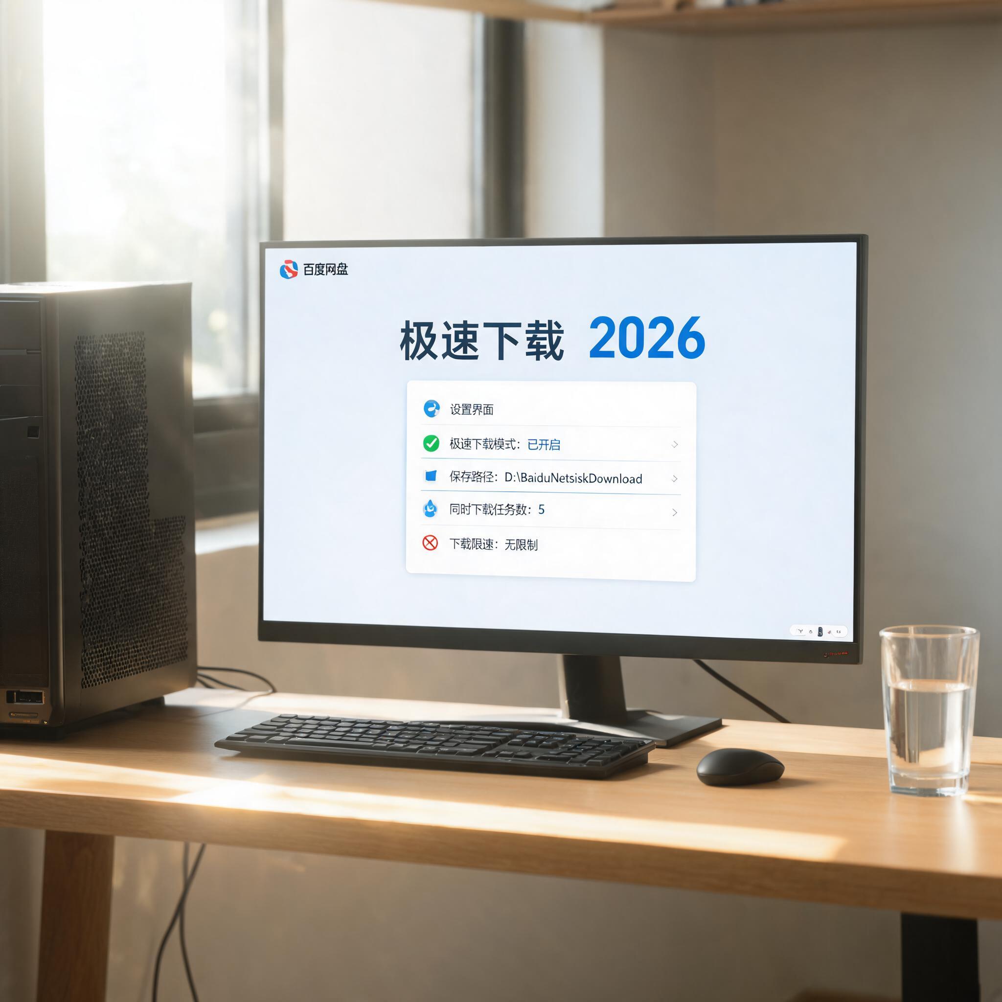 书桌上的主机，屏幕显示百度网盘极速下载 2026设置界面，桌角放着水杯，自然光